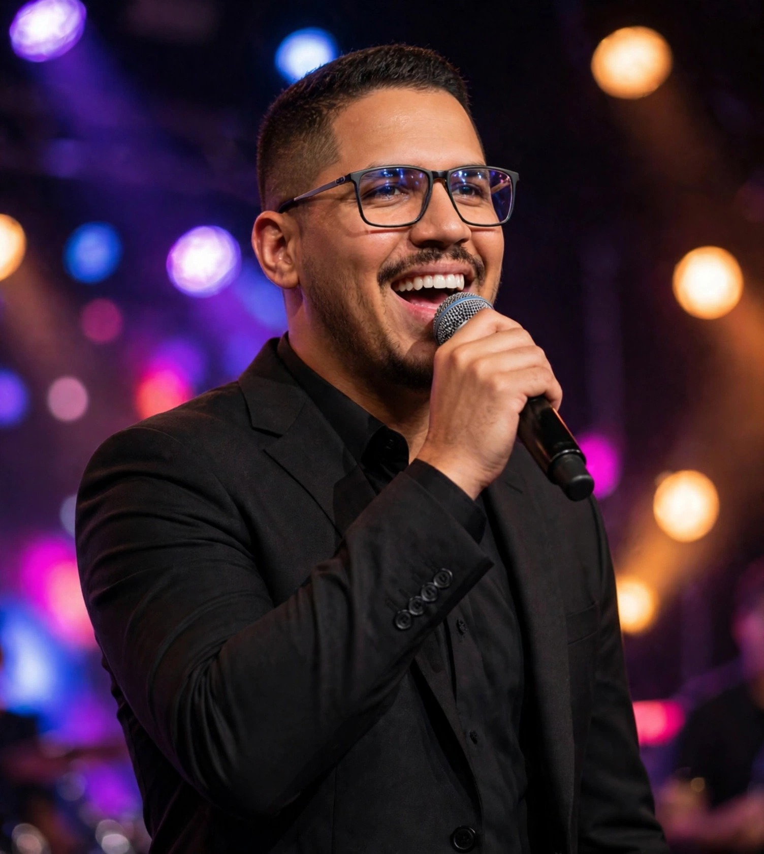 Julio Junior cantor, terno preto com microfone na mão, palco com luzes ao fundo