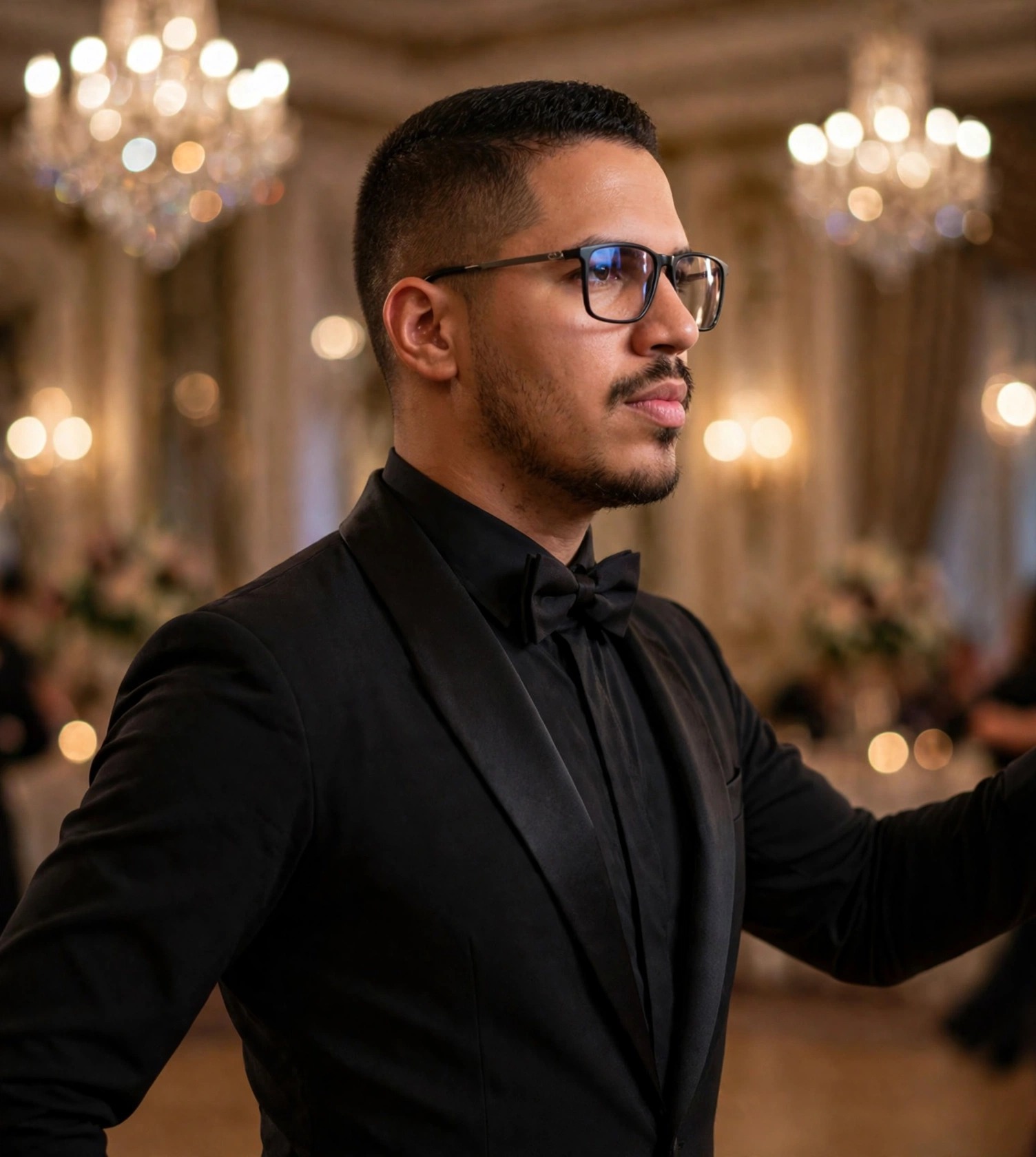 Julio Junior dançarino de salão, terno preto com gravata borboleta, salão de baile ao fundo