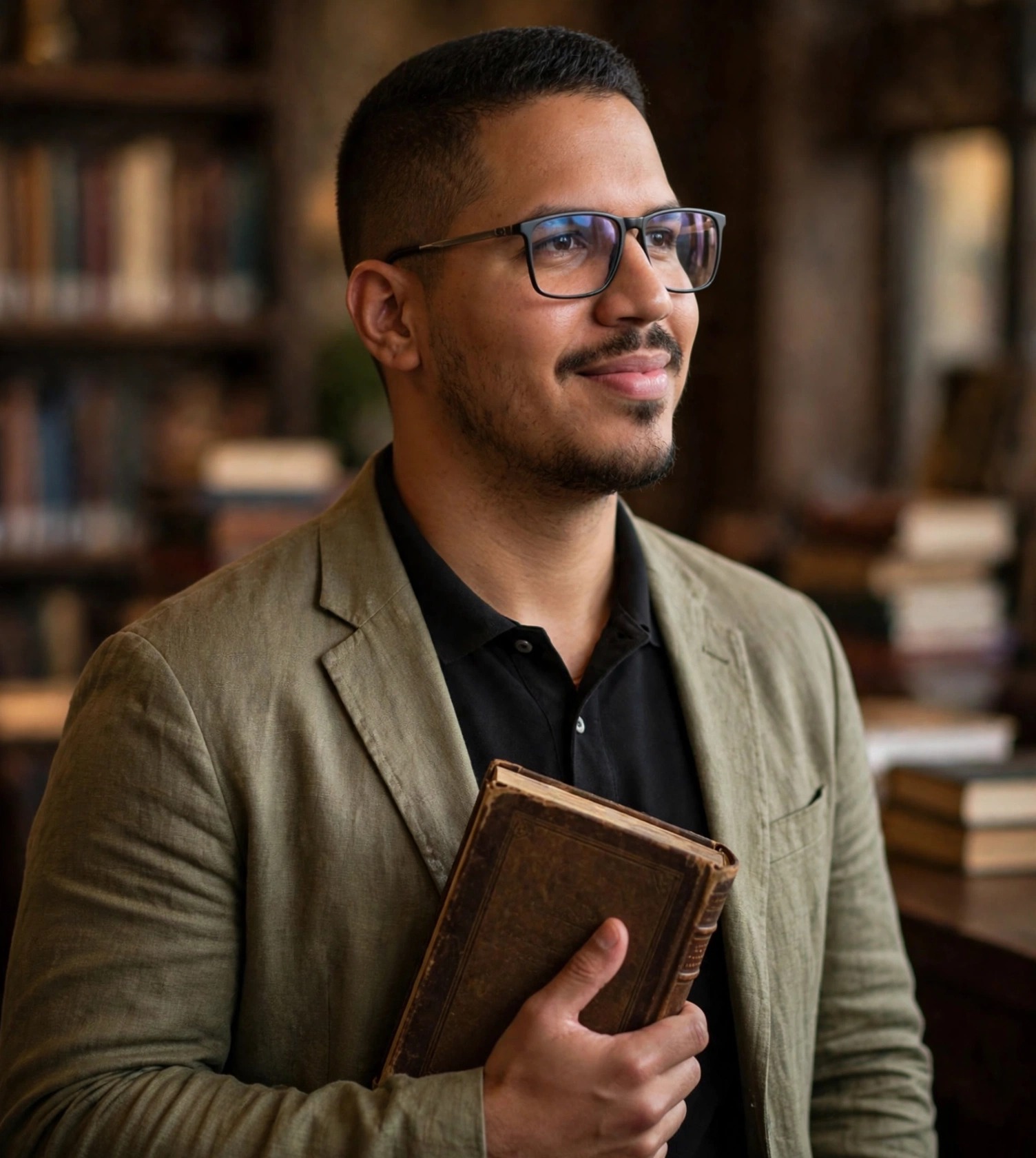 Julio Junior poeta, blazer casual com livro na mão, biblioteca ao fundo