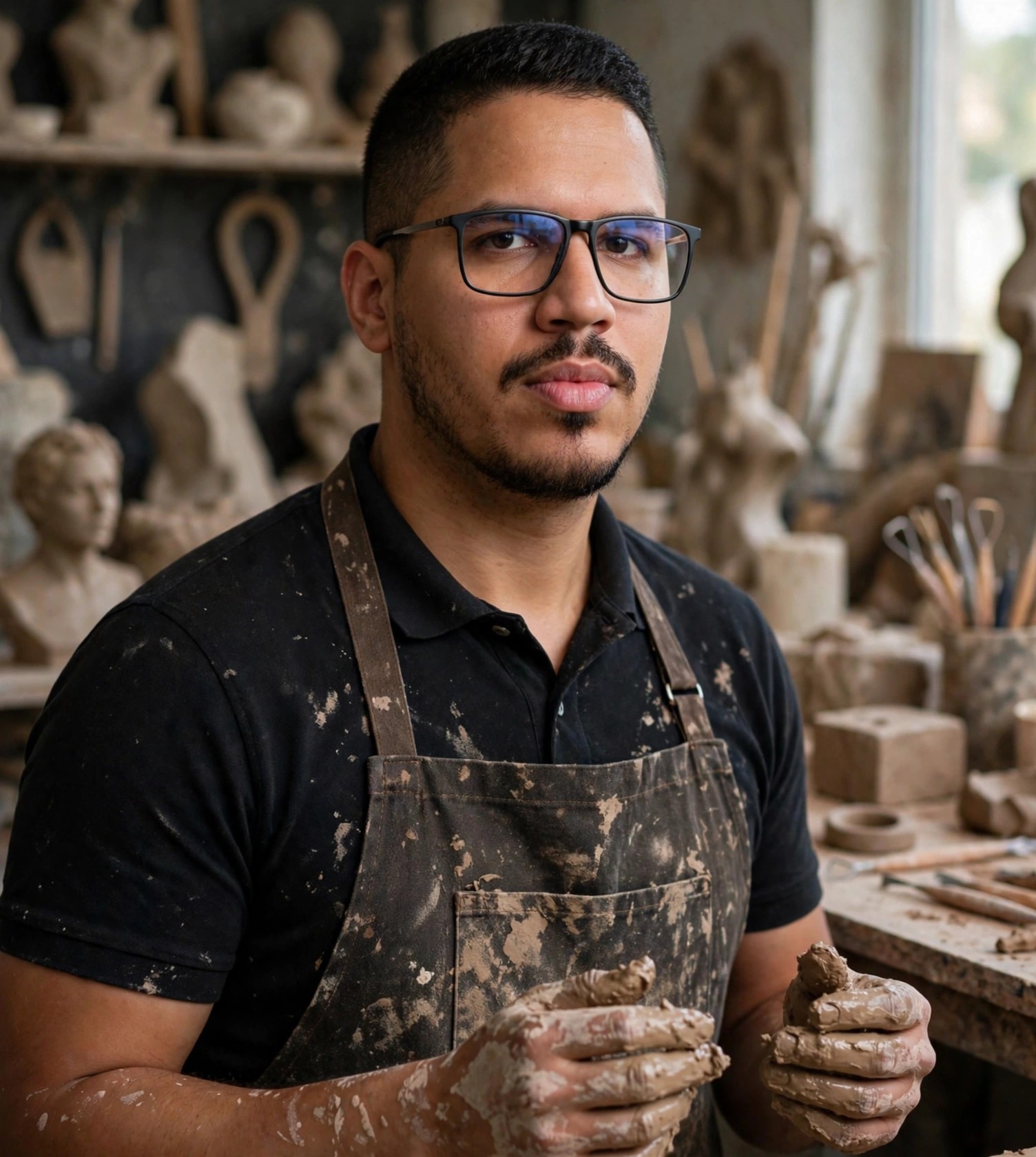 Julio Junior escultor, avental com argila nas mãos, ateliê de escultura ao fundo