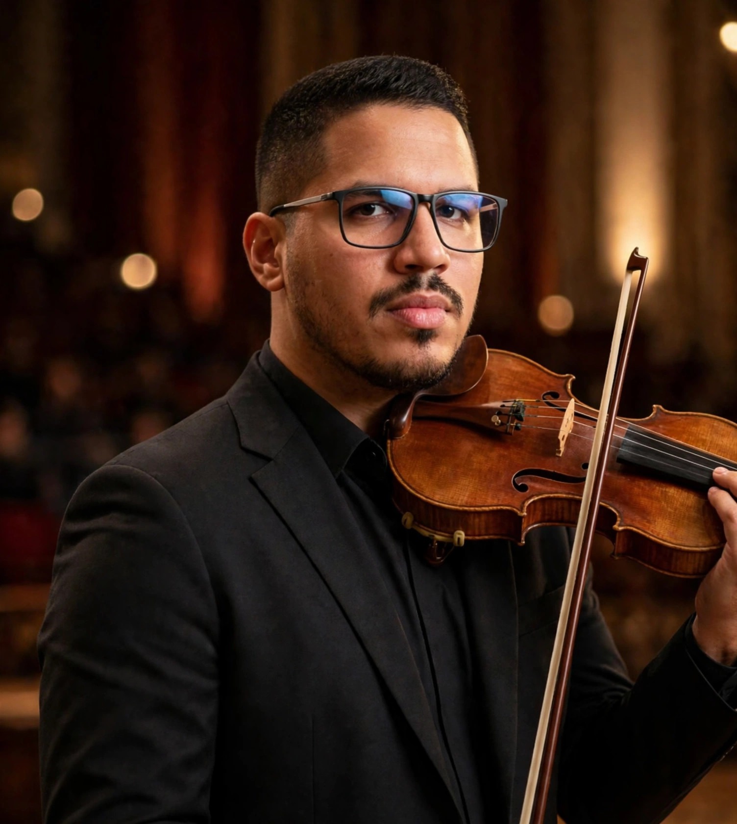Julio Junior violinista, terno preto com violino ao ombro, sala de concerto ao fundo