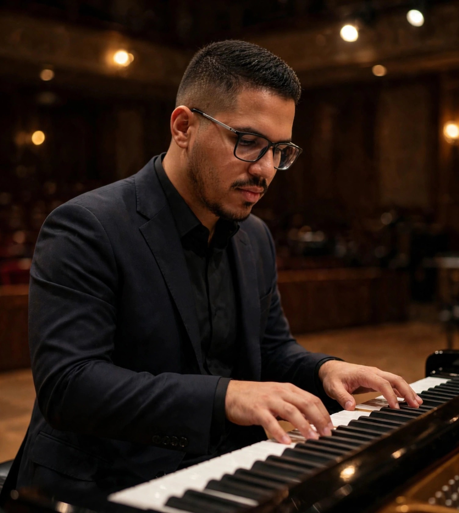 Julio Junior pianista, terno preto com as mãos no piano de cauda, sala de concerto ao fundo