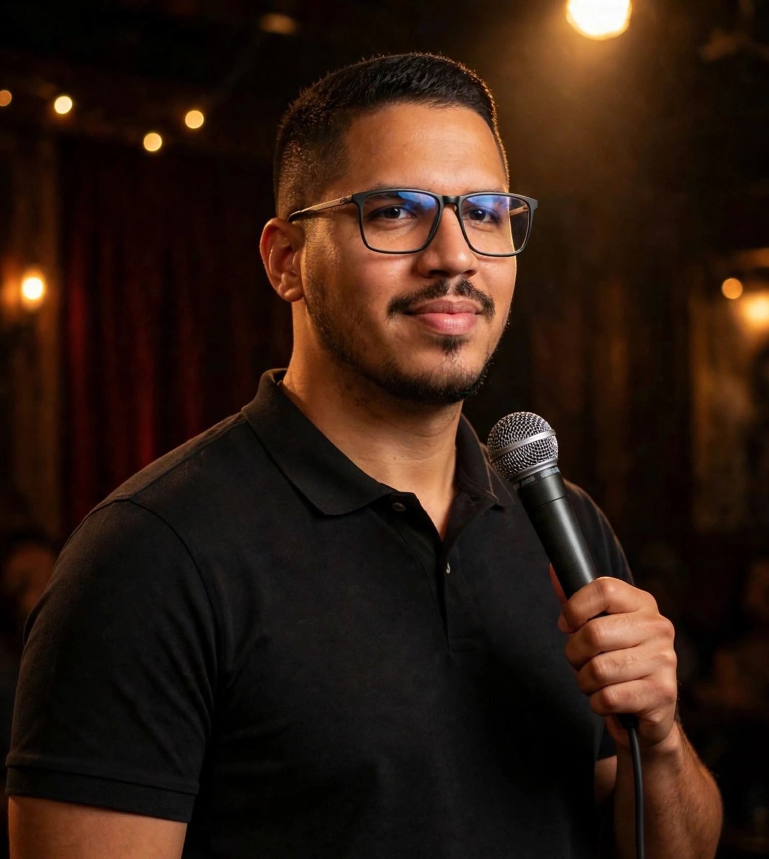 Julio Junior humorista stand-up, roupa casual com microfone na mão, palco de comédia ao fundo