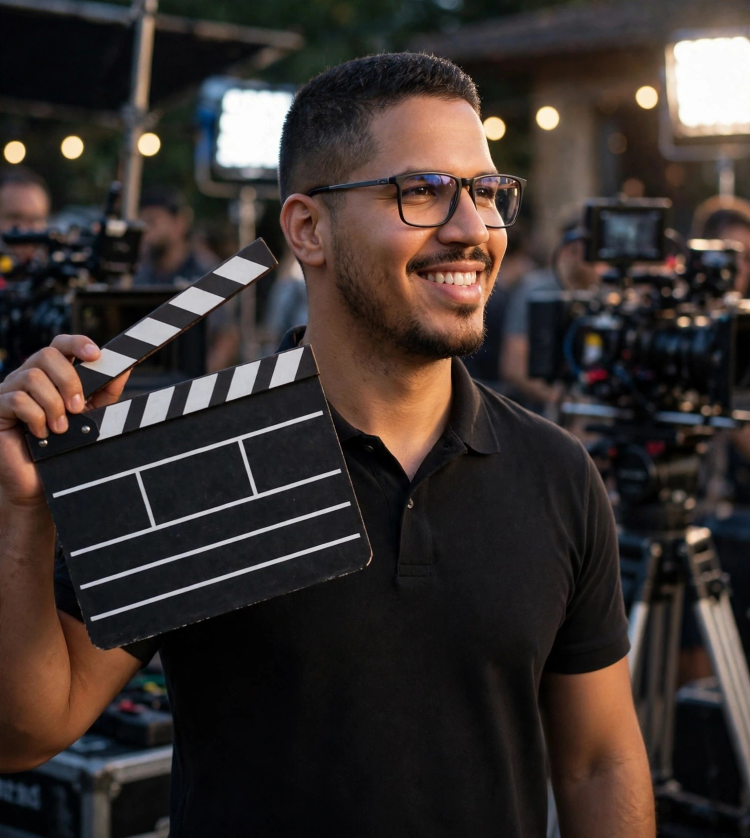 Julio Junior diretor de cinema, roupa casual com claquete na mão, set de filmagem ao fundo