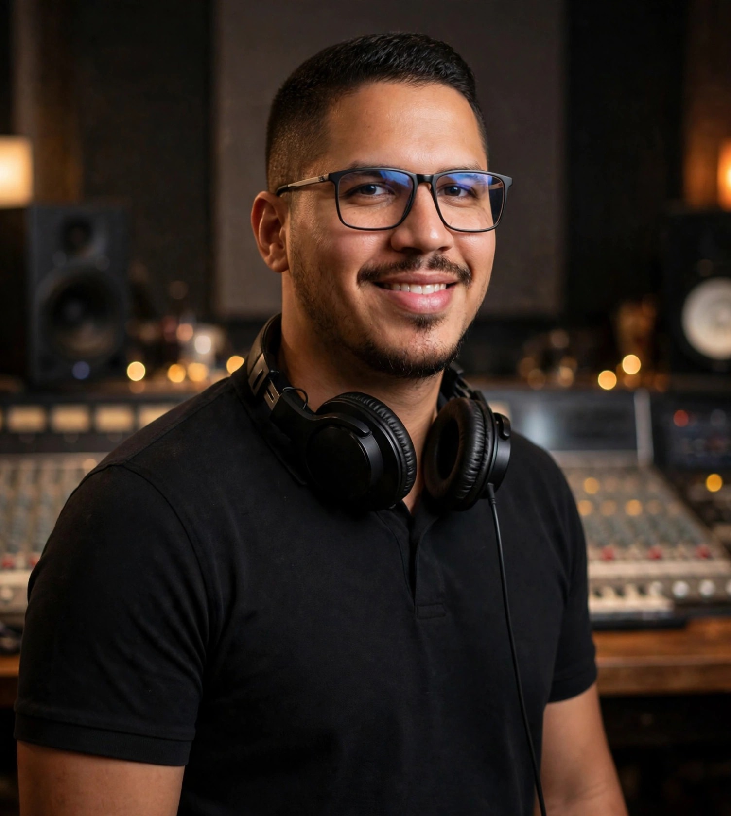 Julio Junior produtor musical, fone de ouvido no pescoço, estúdio de gravação ao fundo