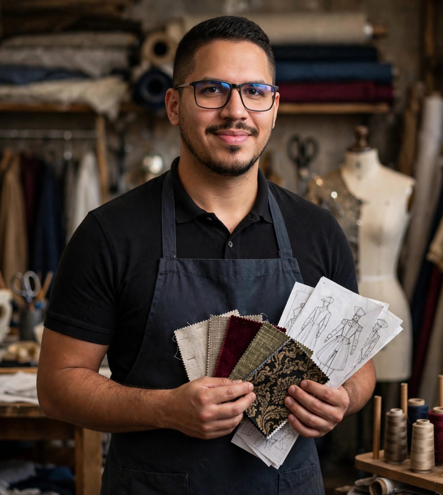 Julio Junior figurinista, avental com tecidos e croquis, ateliê de figurino ao fundo
