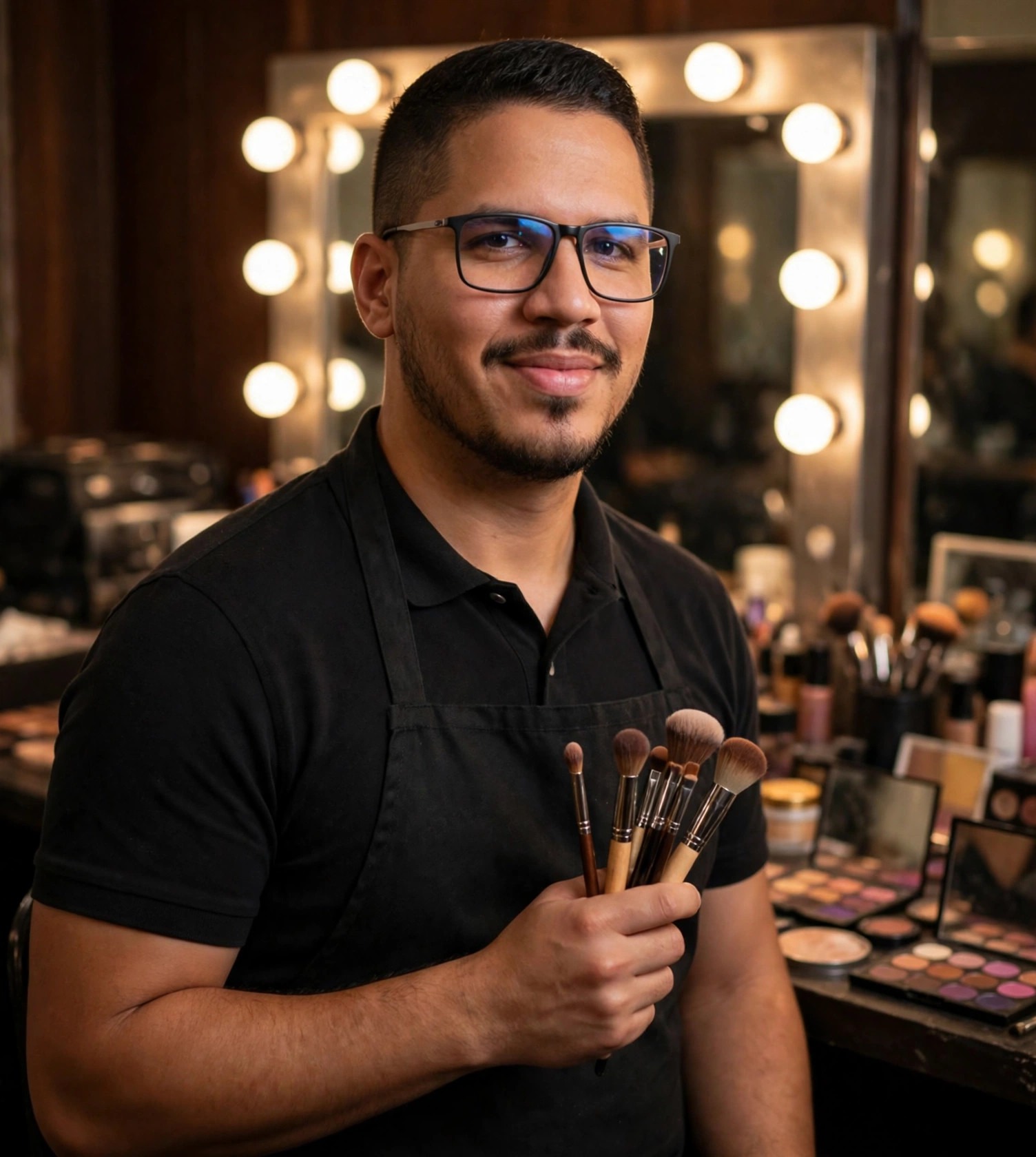 Julio Junior maquiador artístico, avental com pincéis, camarim ao fundo