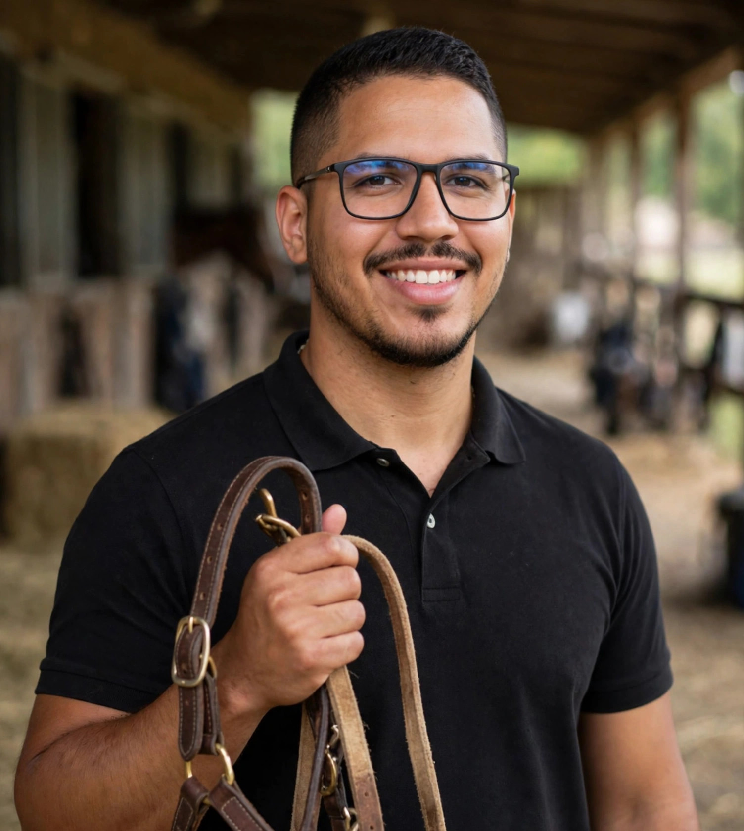 Julio Junior tratador de cavalos, cabresto na mão, haras ao fundo