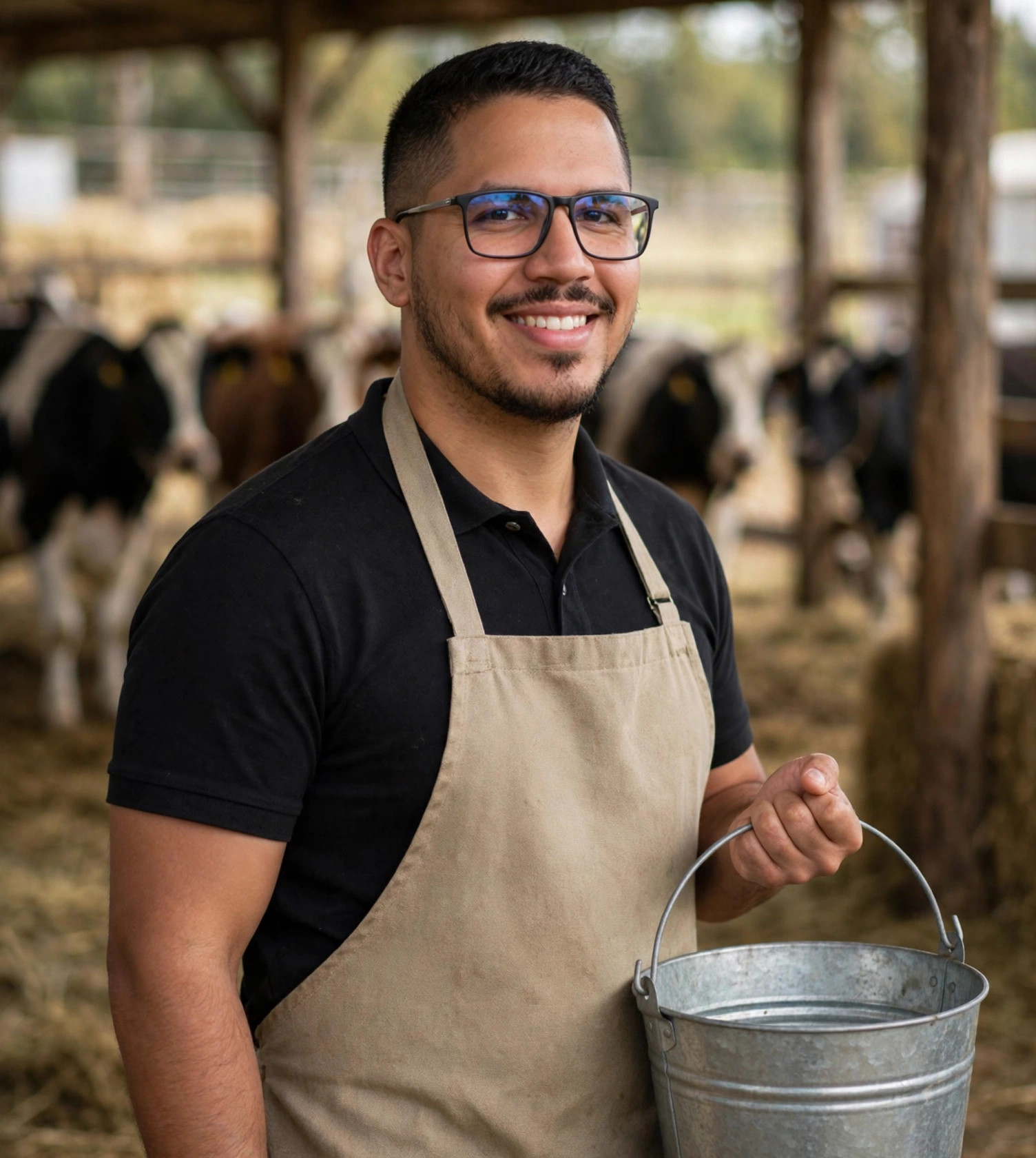 Julio Junior ordenhador, avental com balde, curral com vacas ao fundo