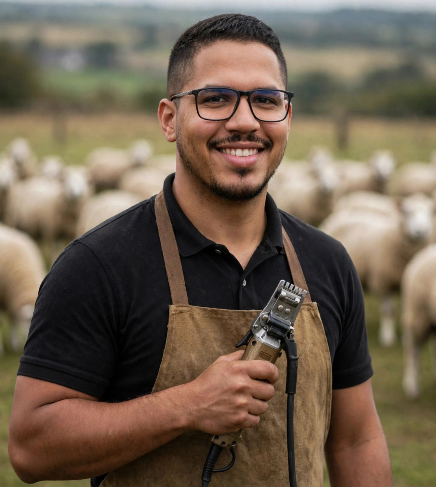 Julio Junior tosquiador de ovelhas, avental com tosquiadeira, rebanho ao fundo