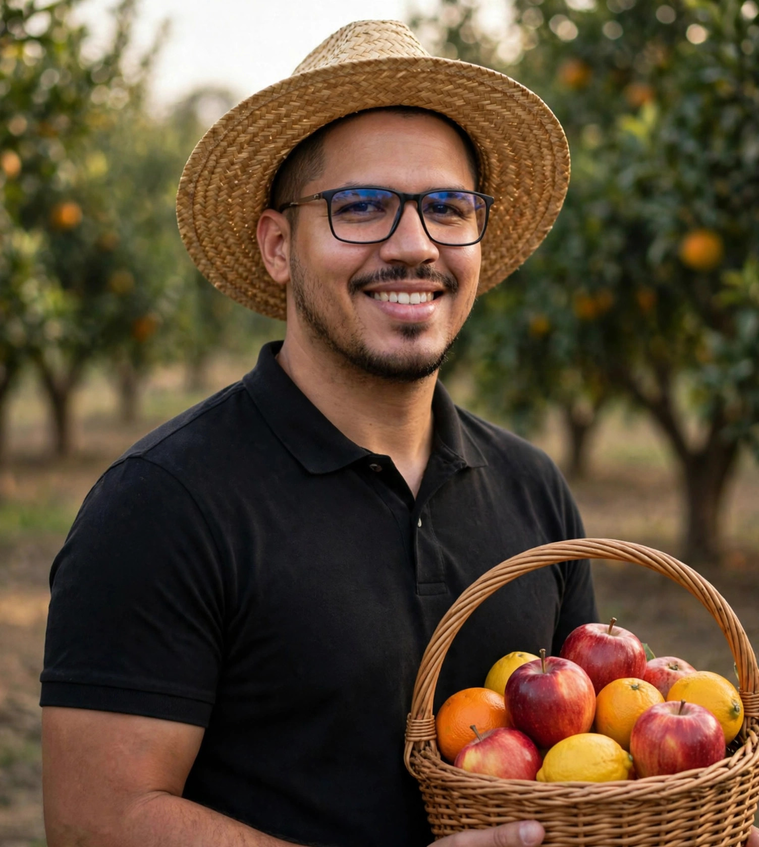 Julio Junior colhedor de frutas, chapéu com cesto de frutas, pomar ao fundo