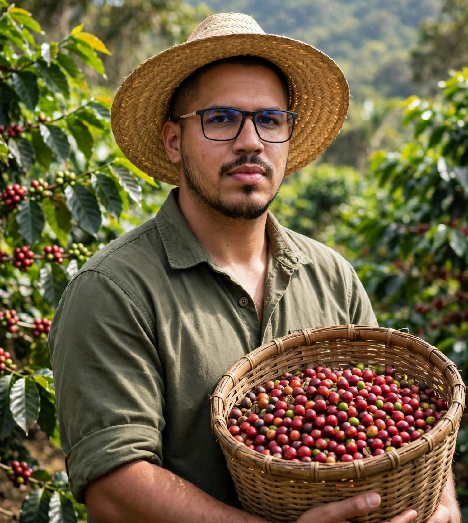 Julio Junior colhedor de café, chapéu de palha com cesto de grãos, cafezal ao fundo