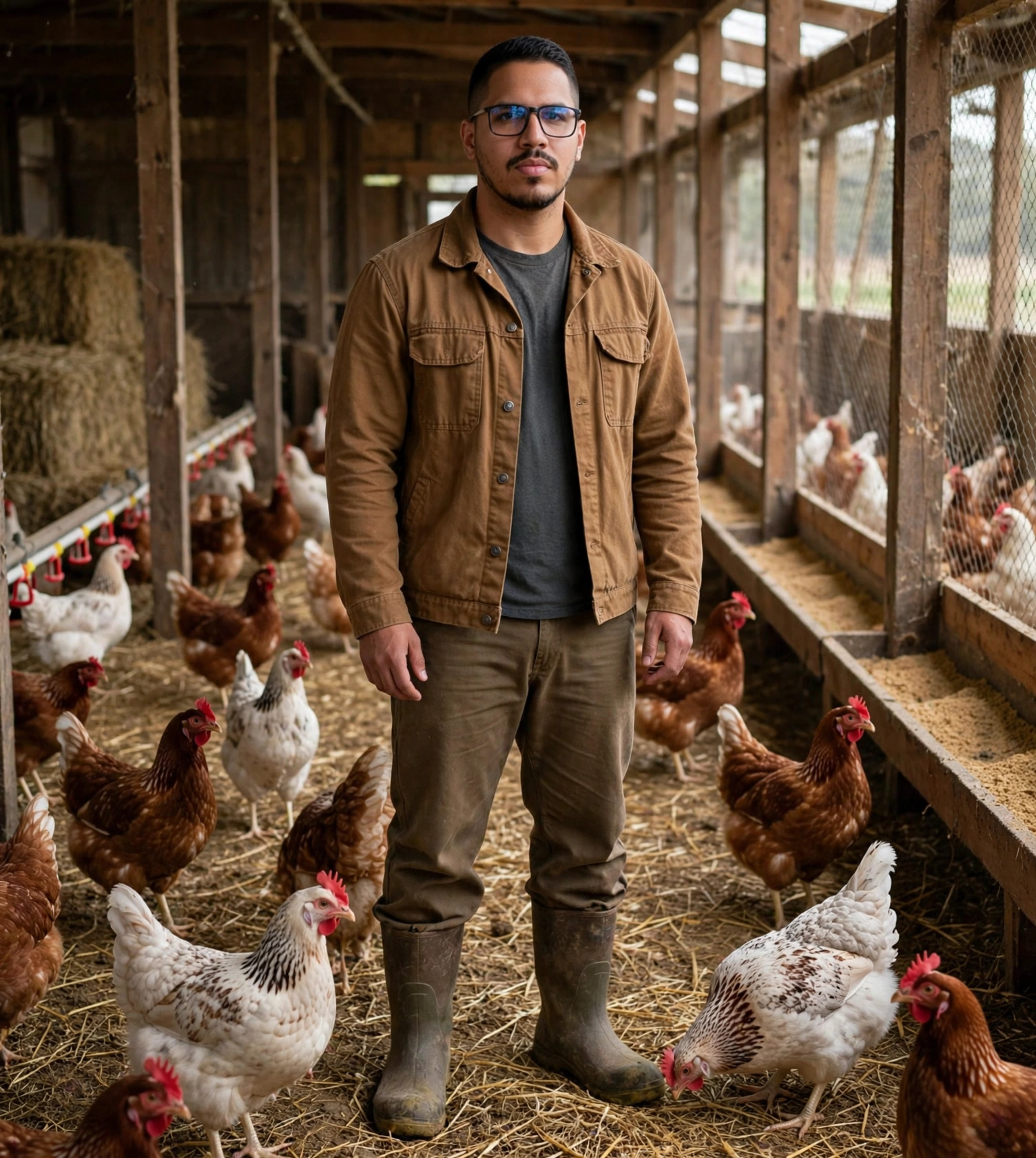 Julio Junior avicultor, roupa de granja com galinhas, galpão avícola ao fundo