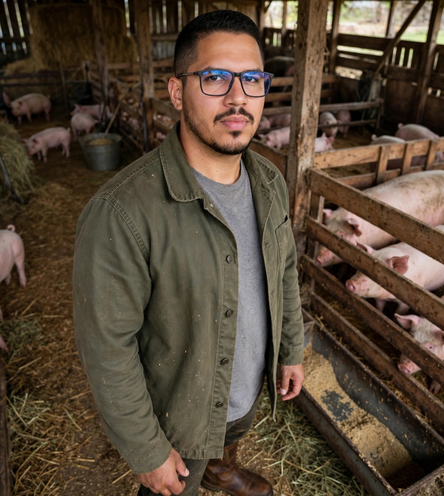 Julio Junior suinocultor, roupa de granja com porcos, chiqueiro ao fundo