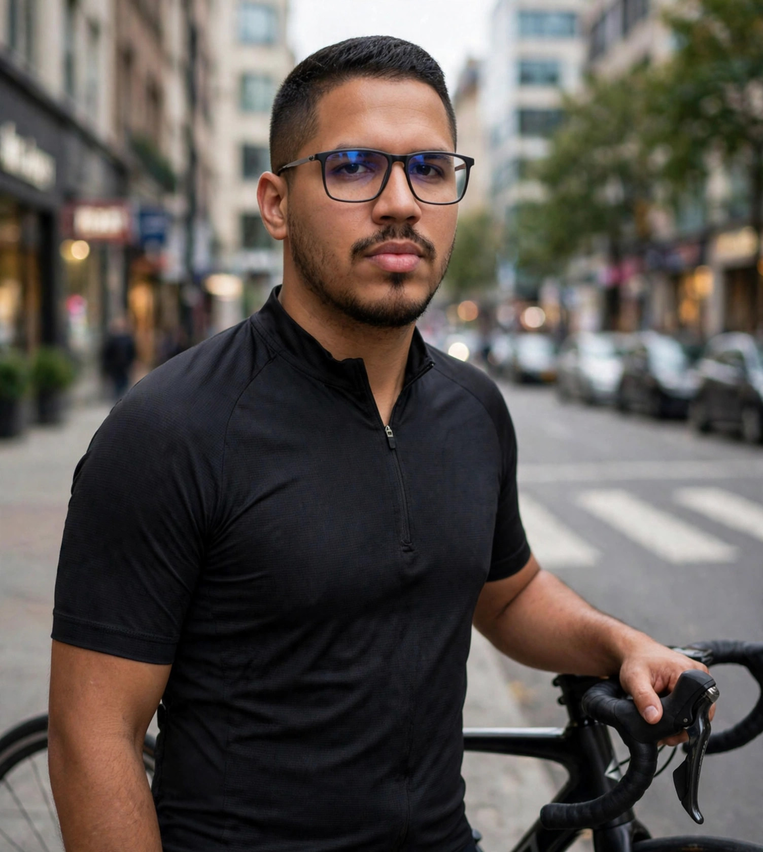 Julio Junior ciclista urbano, roupa de ciclismo com bicicleta, avenida ao fundo