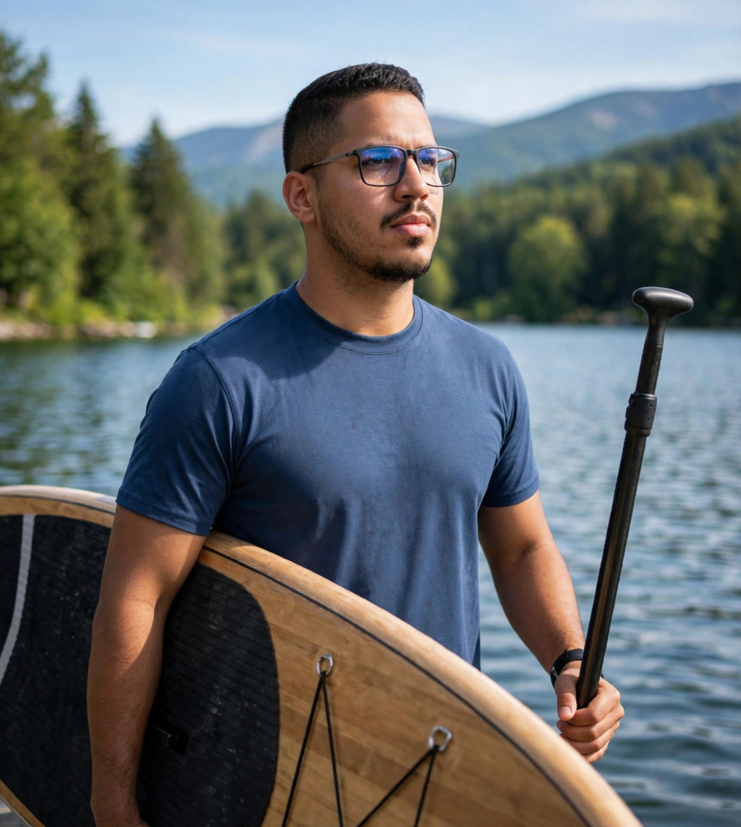 Julio Junior praticante de stand-up paddle, prancha e remo, lago ao fundo