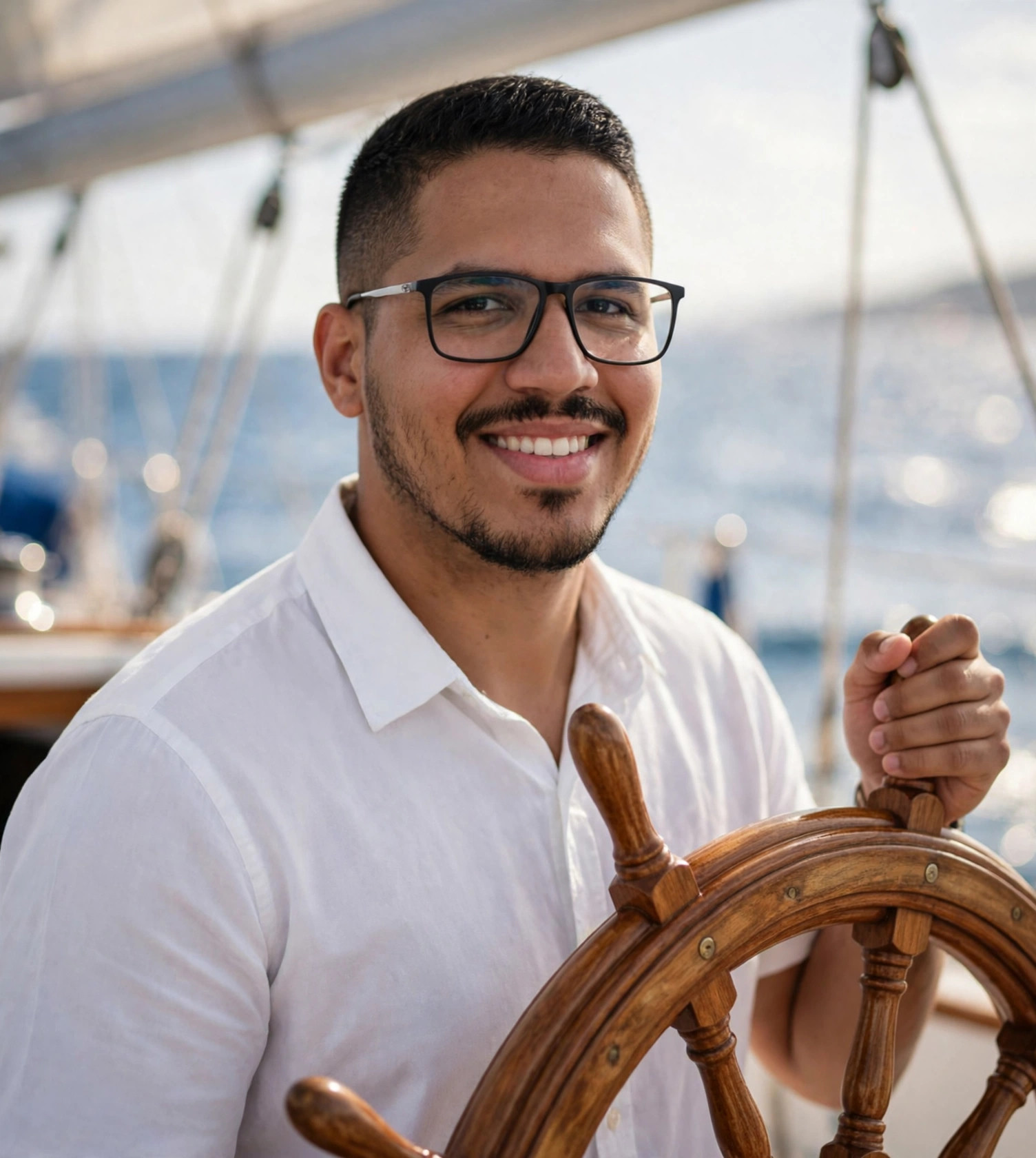 Julio Junior velejador, camisa branca de vela com timão de madeira, veleiro ao fundo