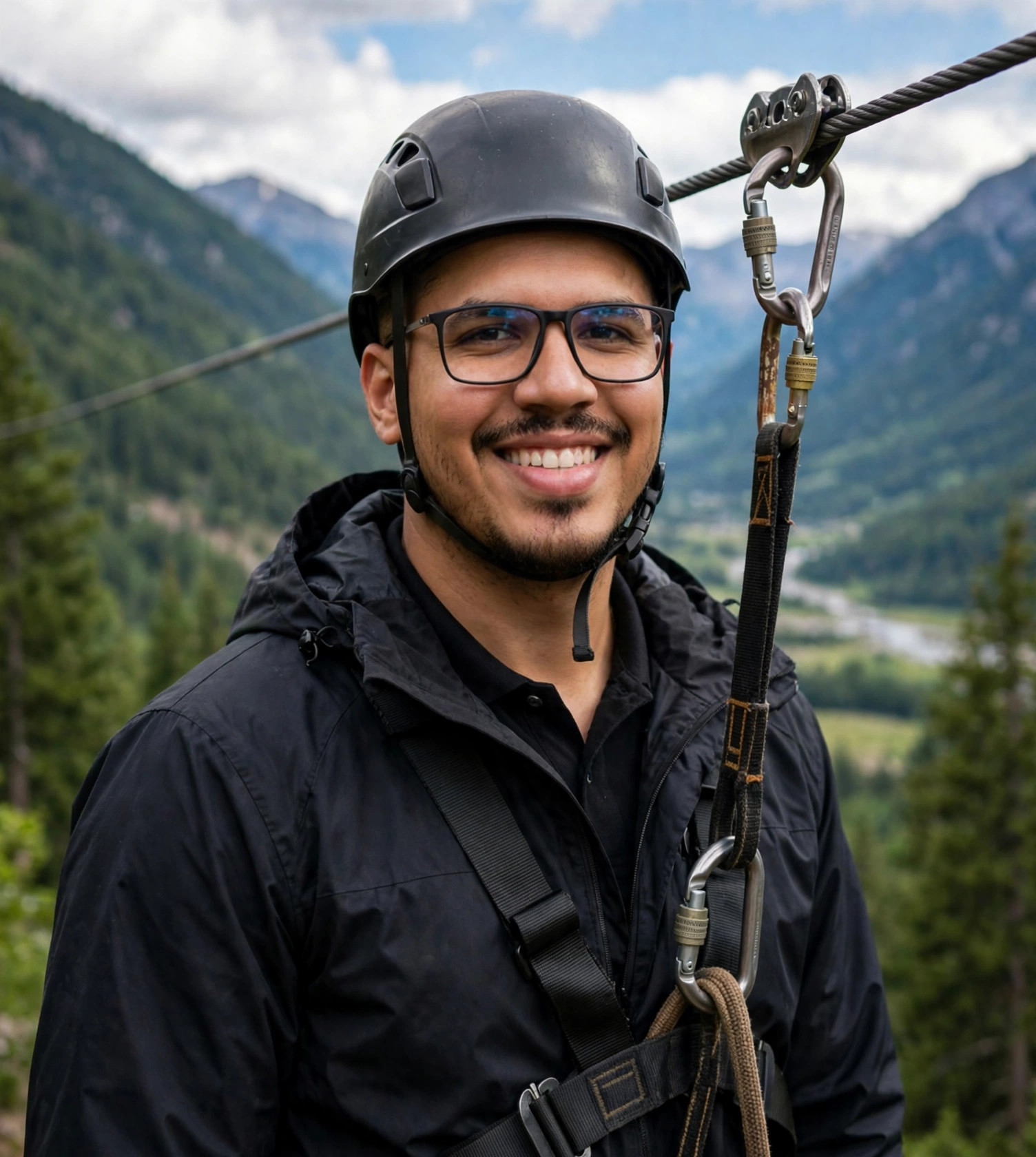 Julio Junior praticante de tirolesa, capacete e cabo de aço, montanha ao fundo