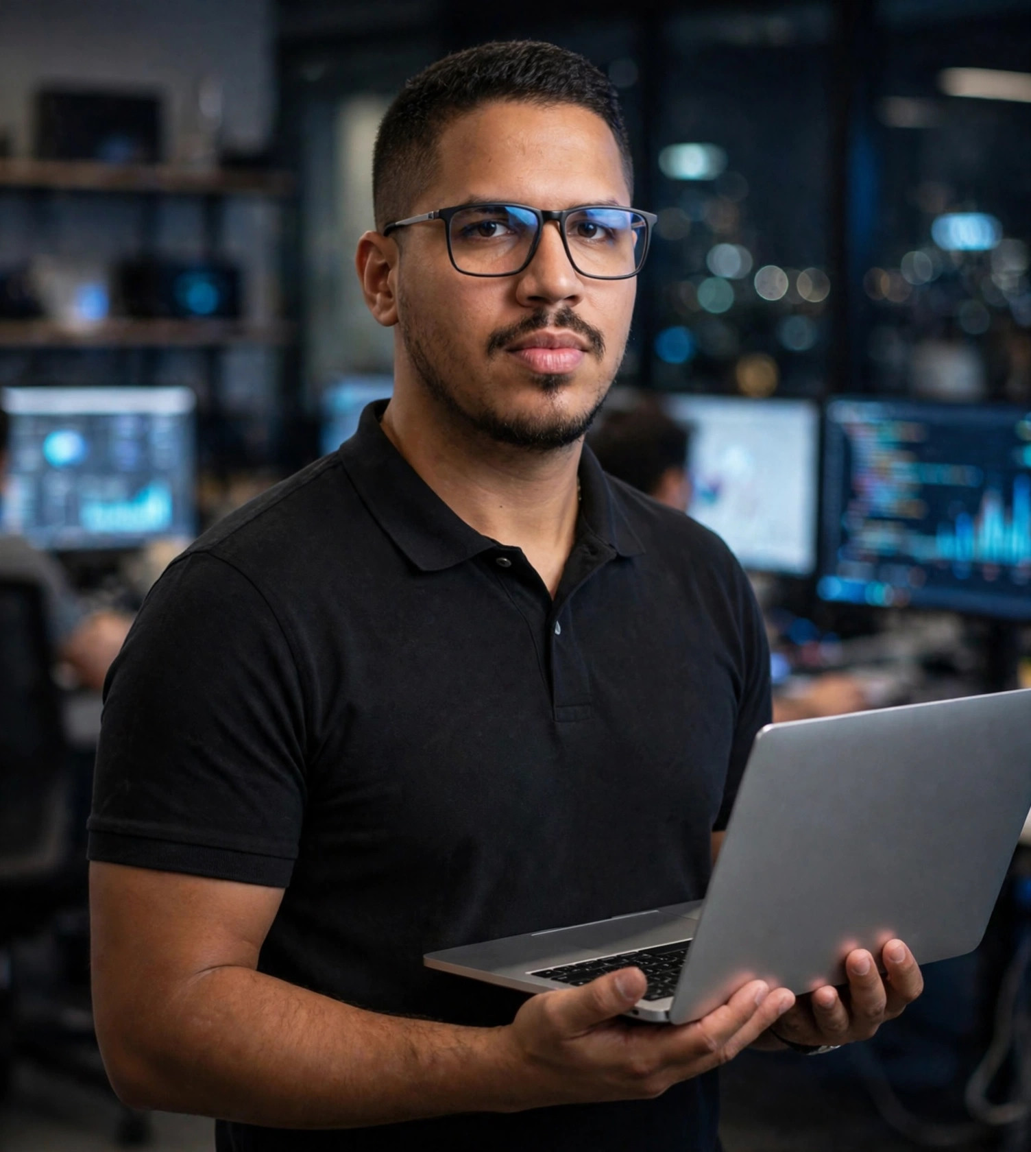 Julio Junior programador, camisa casual com notebook, escritório de tecnologia ao fundo