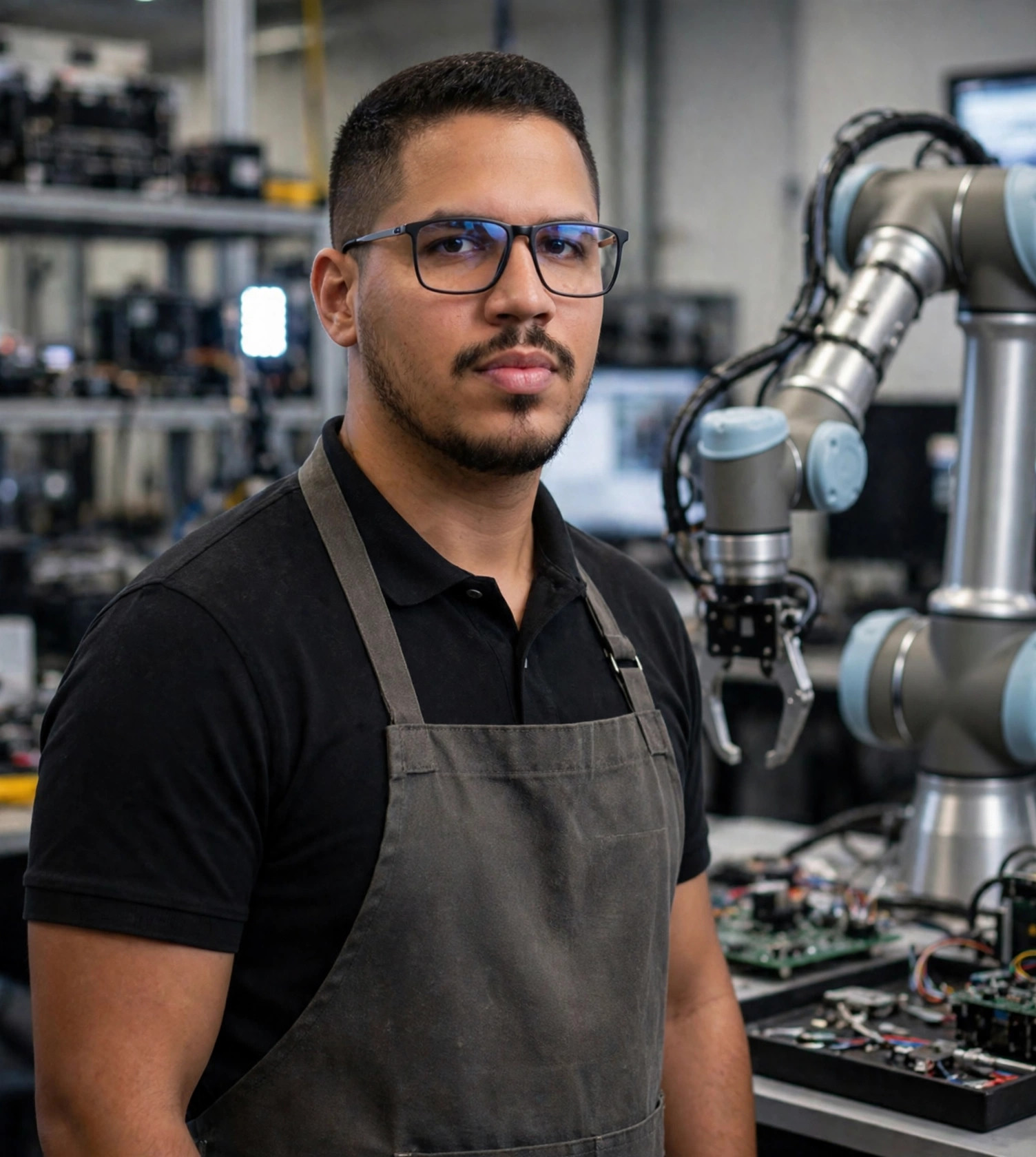 Julio Junior engenheiro de robótica, avental com braço robótico articulado, laboratório de robótica ao fundo
