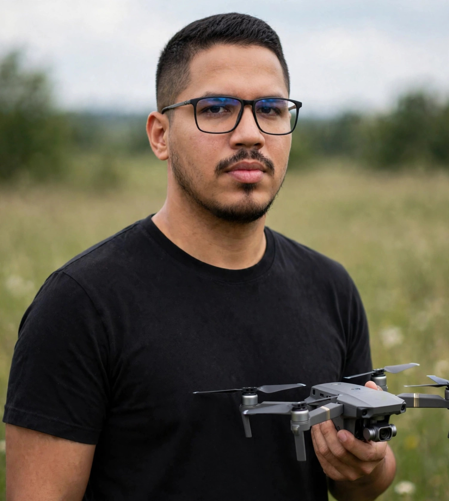 Julio Junior técnico de drones, camiseta com drone na mão, campo aberto ao fundo