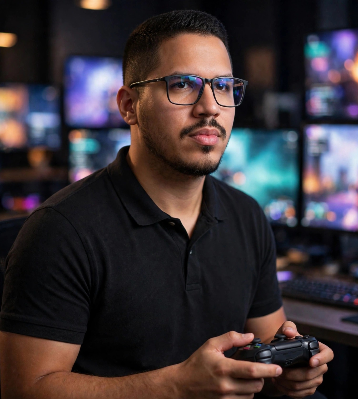 Julio Junior desenvolvedor de jogos, camisa casual com controle na mão, estúdio de games ao fundo