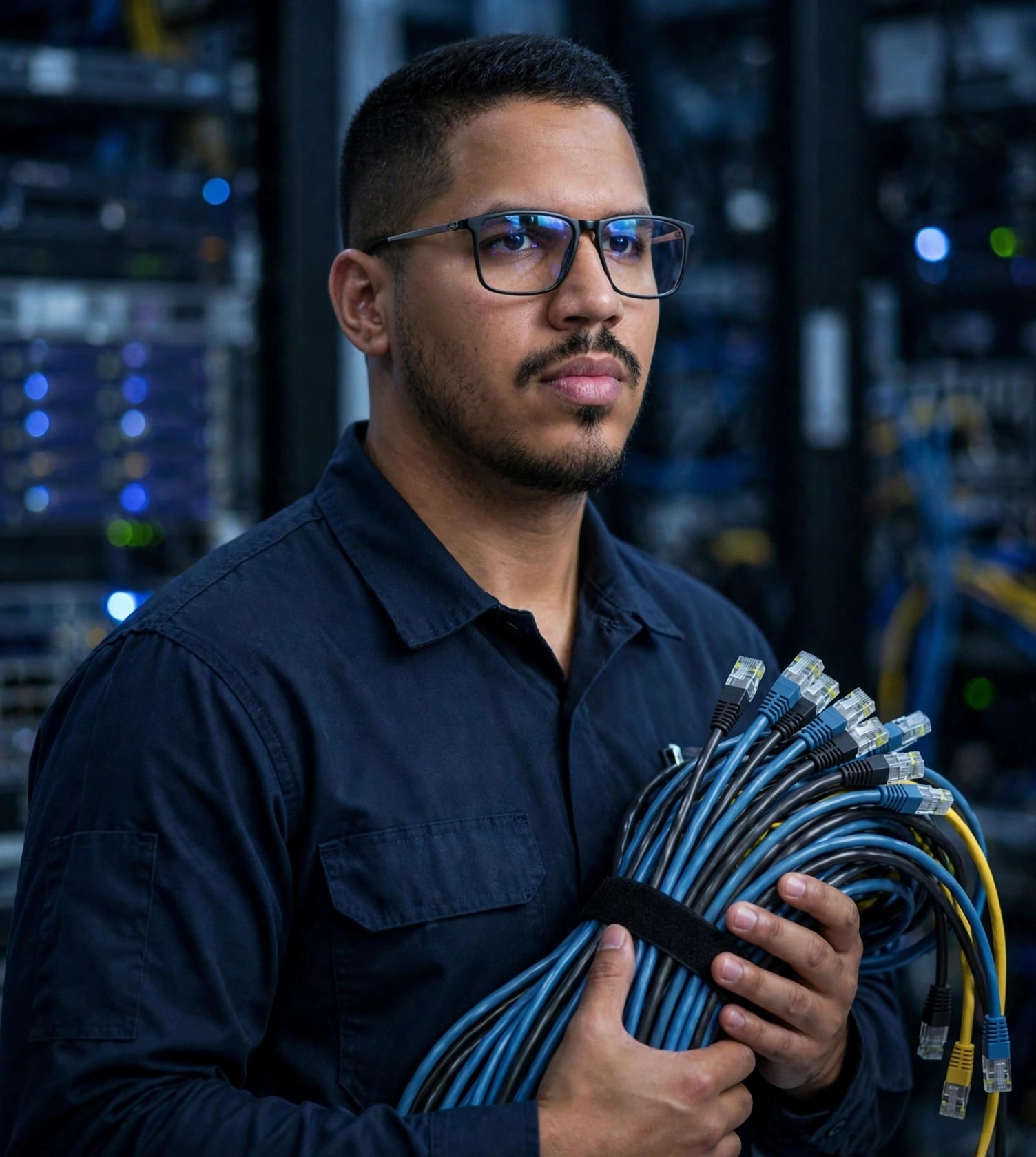 Julio Junior técnico de redes, uniforme com cabos de rede, rack de servidores ao fundo