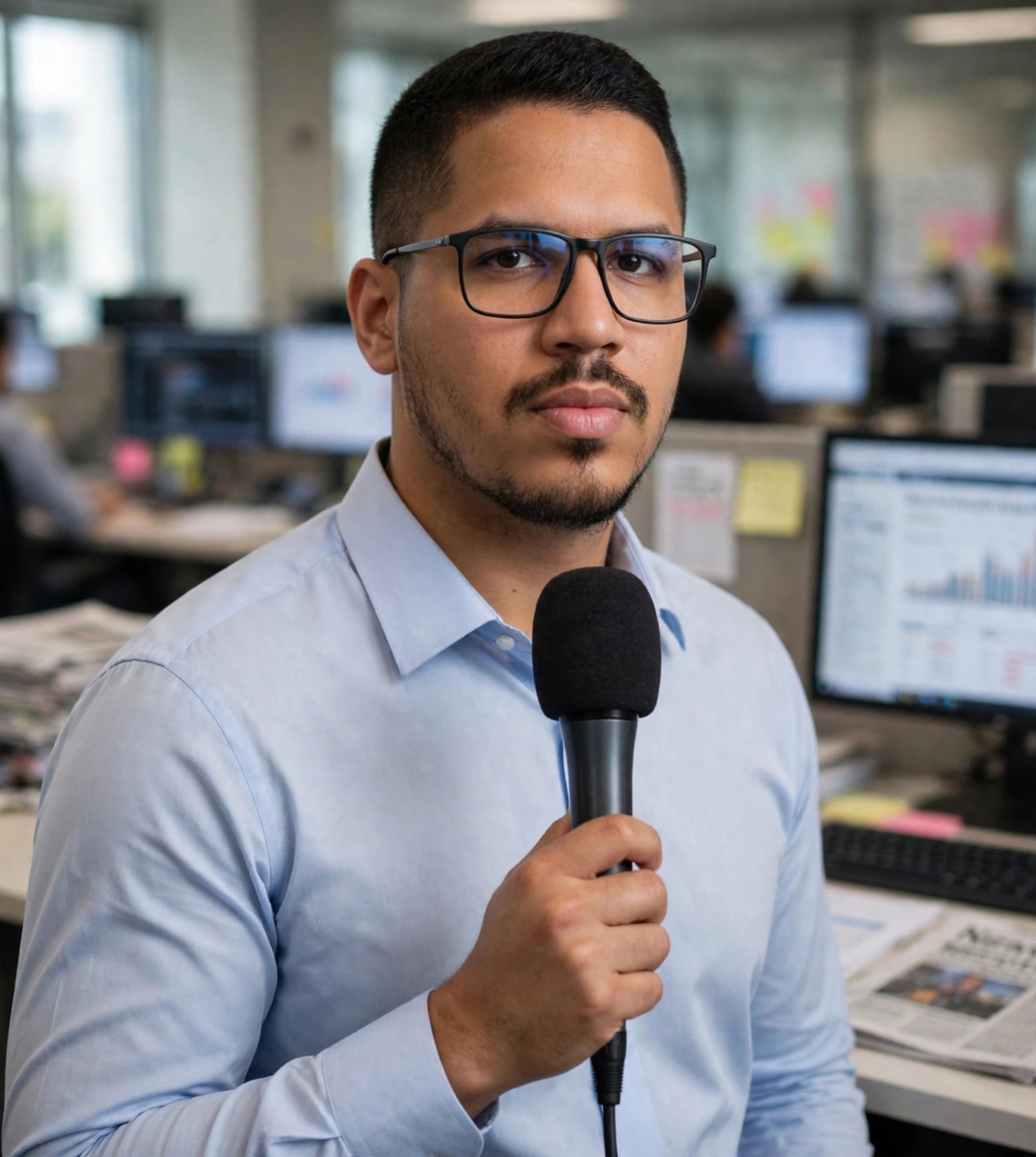 Julio Junior jornalista, camisa social com microfone, redação de jornal ao fundo