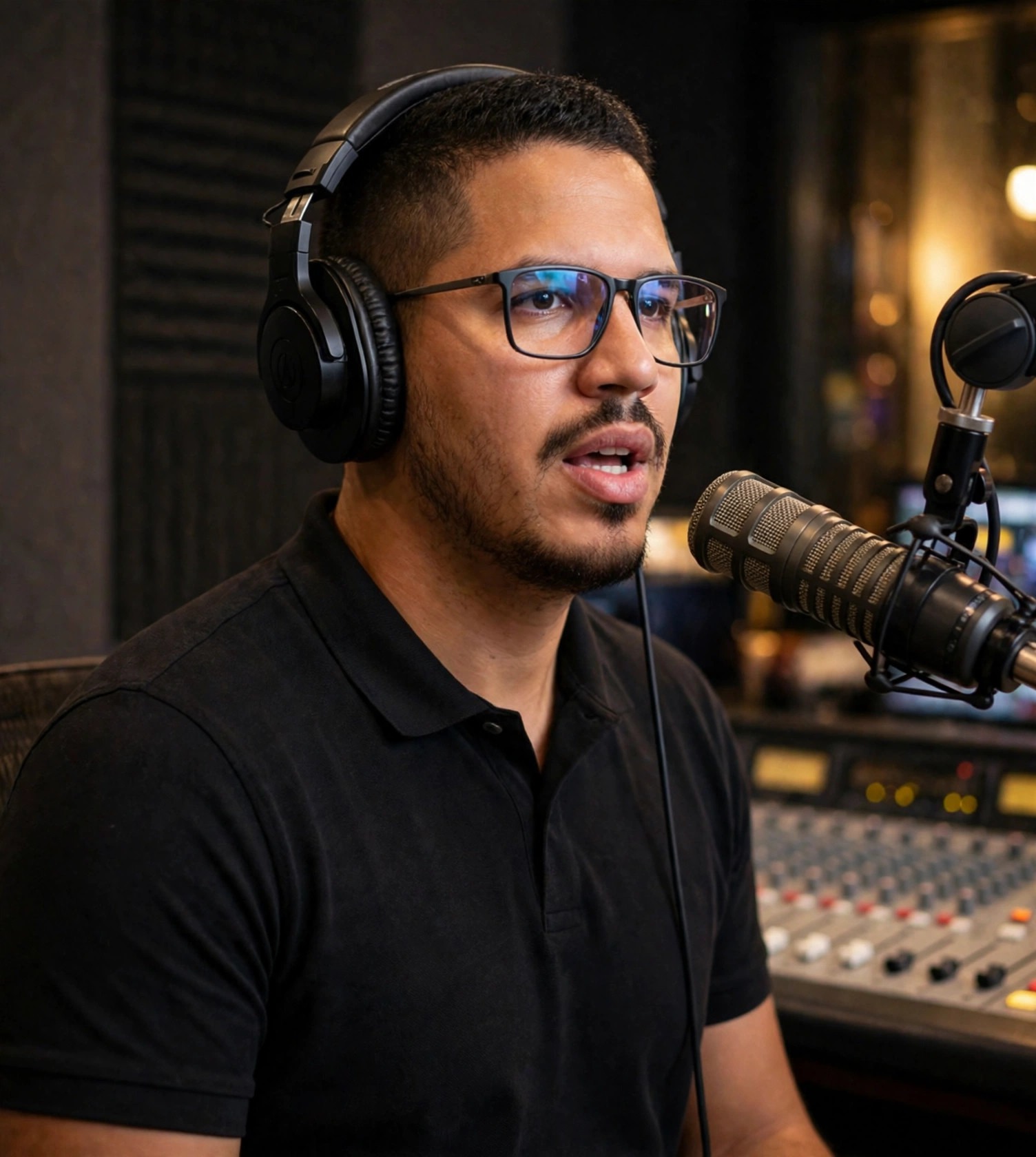 Julio Junior radialista, fone de ouvido com microfone de rádio, estúdio de rádio ao fundo