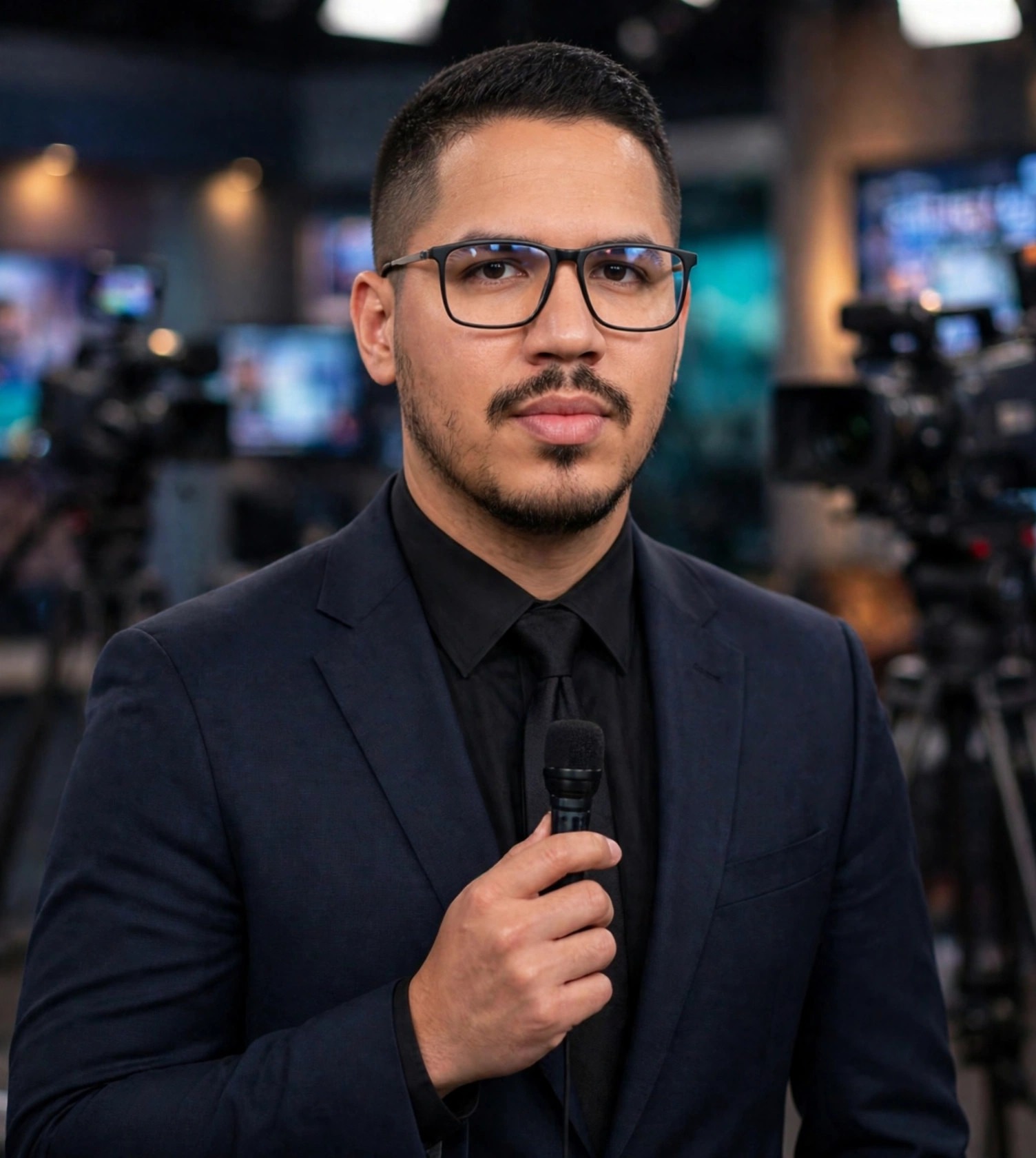 Julio Junior apresentador de TV, terno com microfone, estúdio de televisão ao fundo