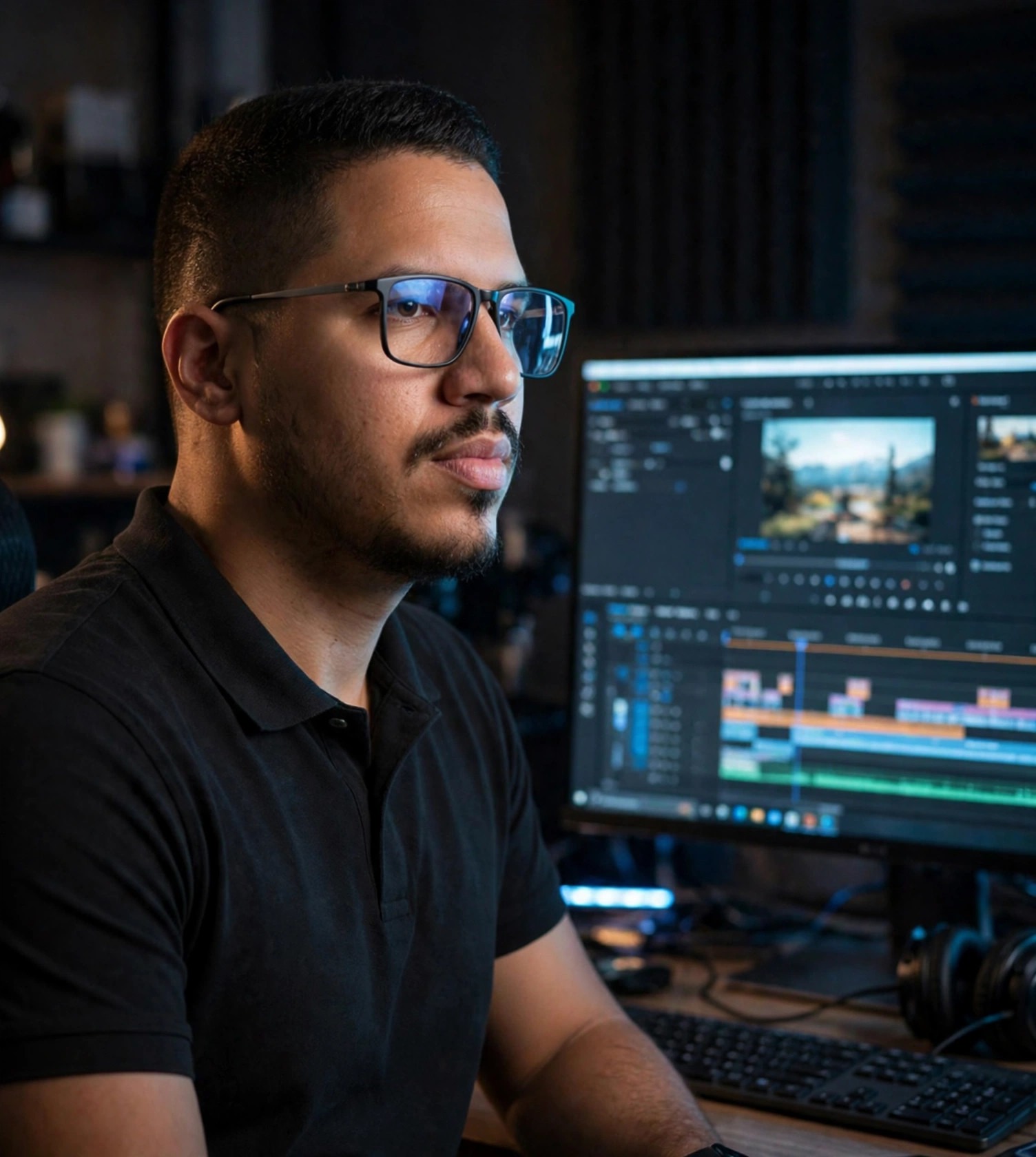 Julio Junior editor de vídeo, camisa casual com timeline na tela, ilha de edição ao fundo