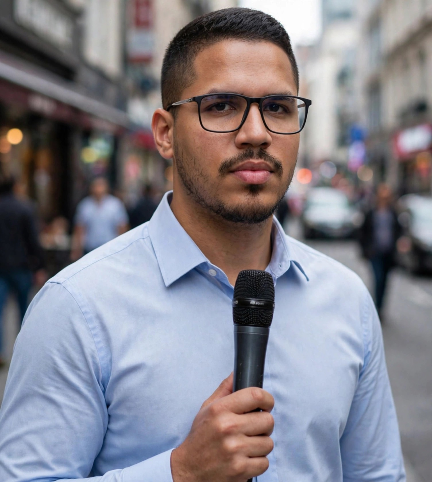Julio Junior repórter de rua, camisa social com microfone, rua movimentada ao fundo