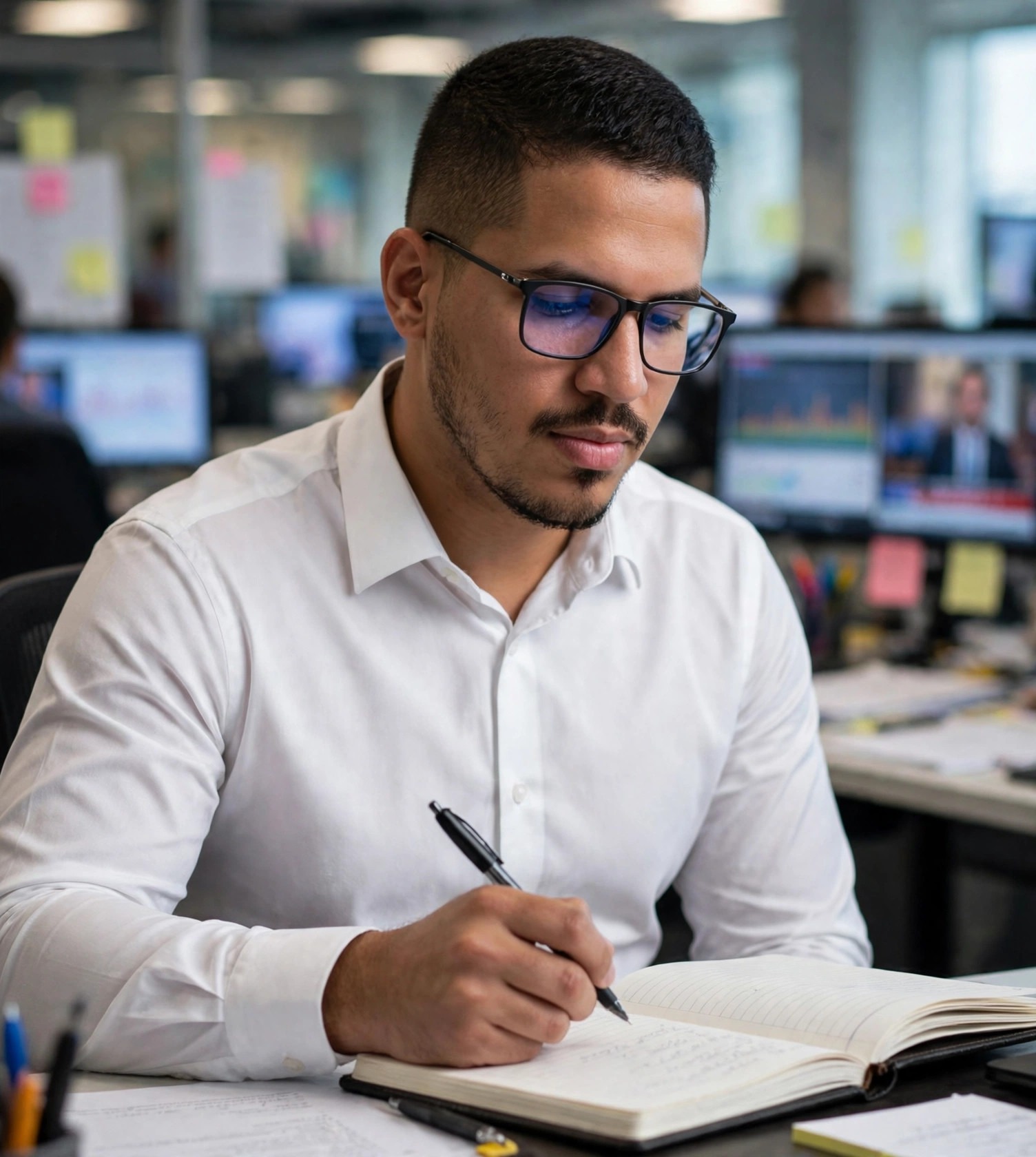 Julio Junior redator, camisa social com caneta e caderno, redação ao fundo