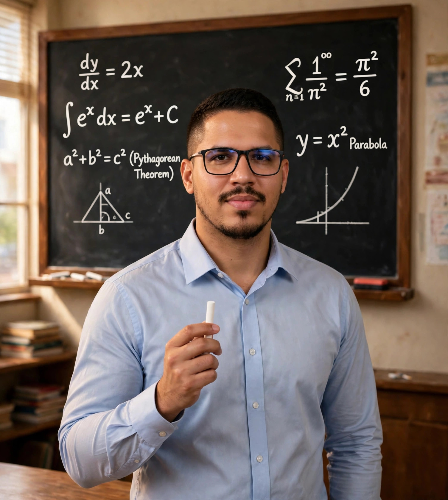 Julio Junior professor de matemática, camisa social com giz na mão, quadro com fórmulas ao fundo