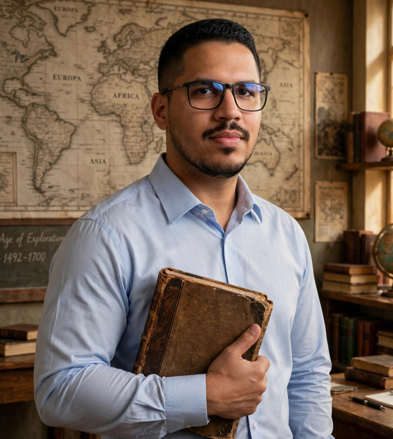 Julio Junior professor de história, camisa social com livro antigo, mapa histórico ao fundo