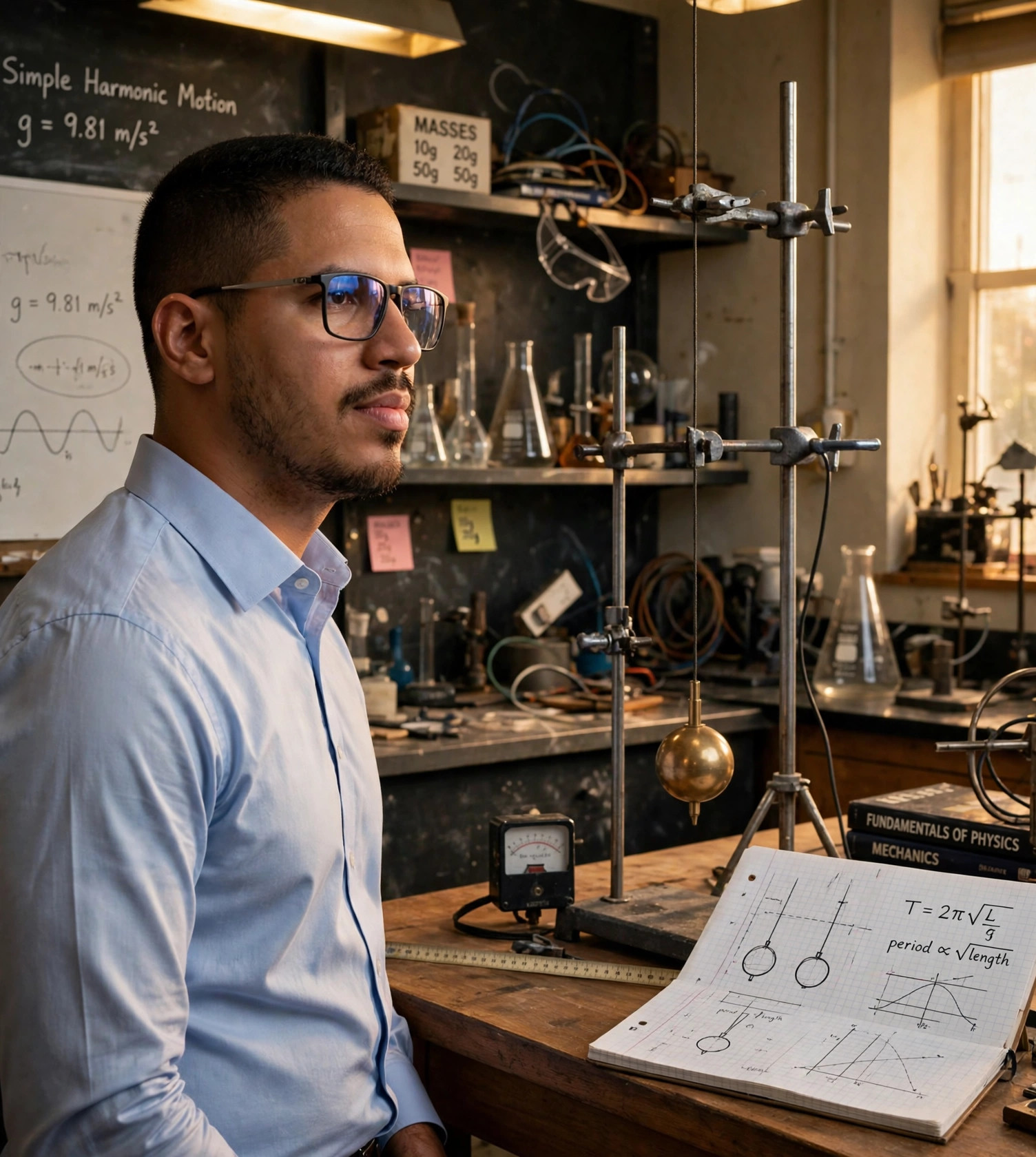 Julio Junior professor de física, camisa social com pêndulo, laboratório de física ao fundo