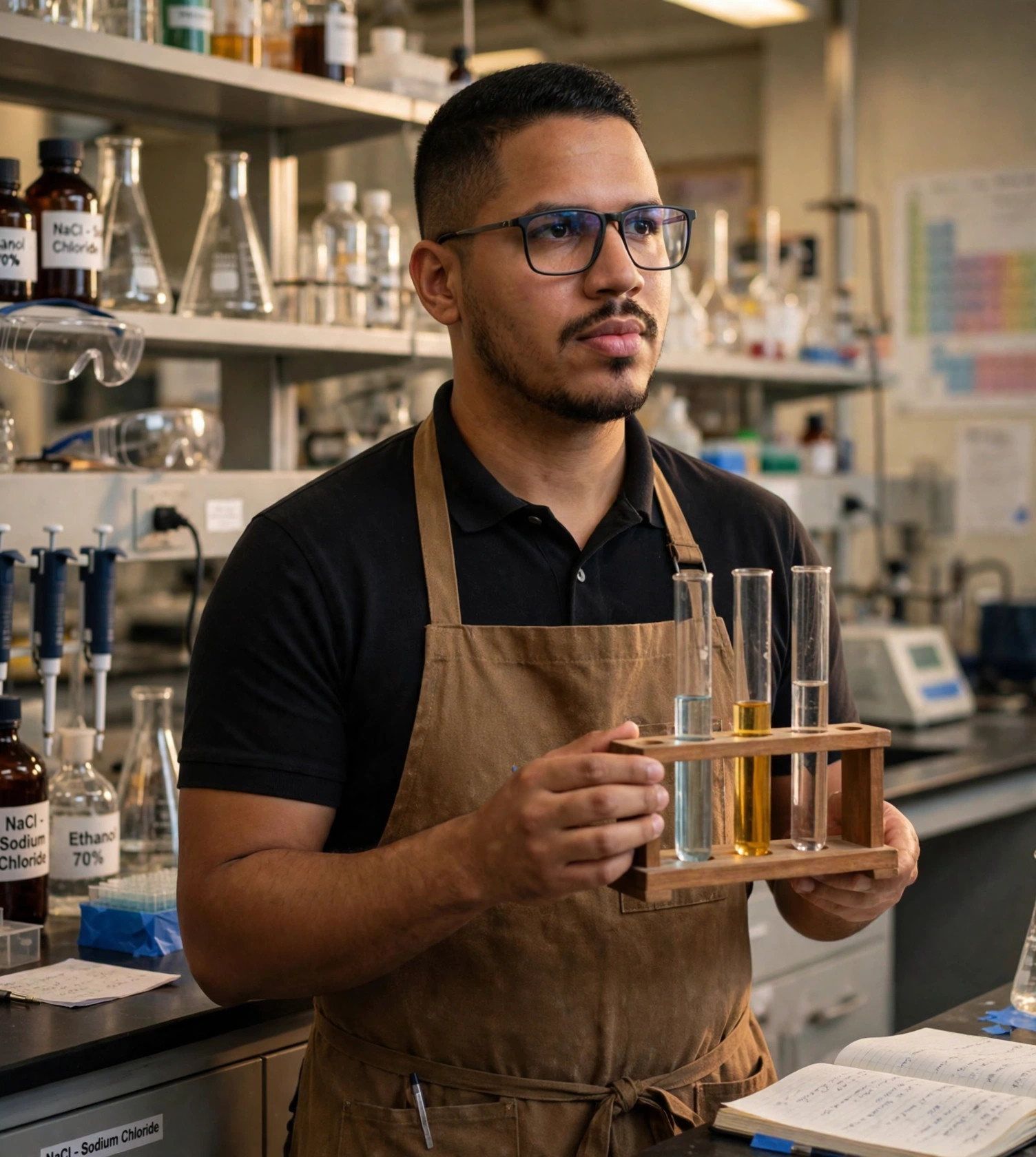 Julio Junior professor de química, avental com tubos de ensaio, laboratório de química ao fundo