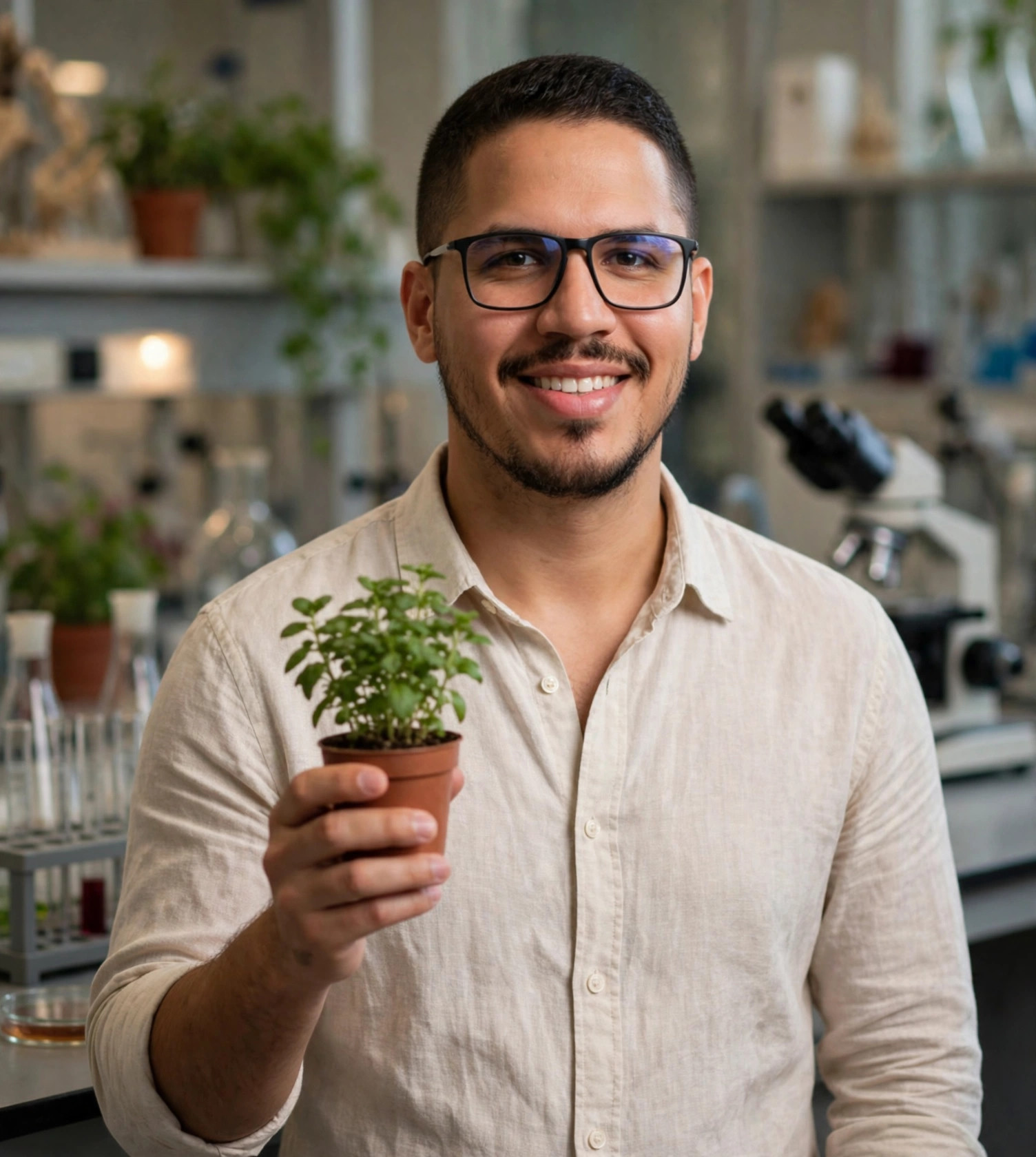 Julio Junior professor de biologia, camisa social com planta na mão, laboratório de biologia ao fundo
