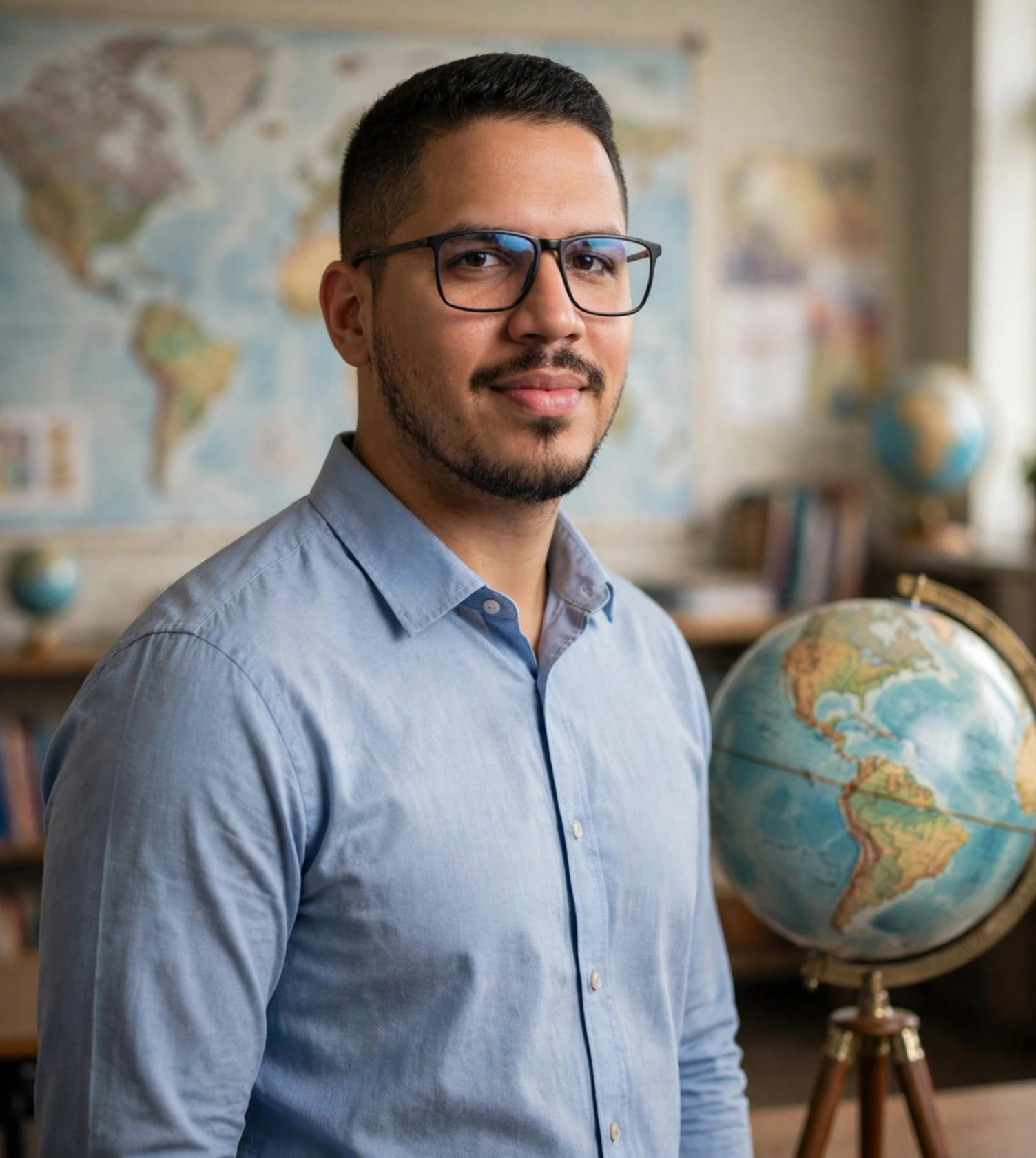 Julio Junior professor de geografia, camisa social ao lado do globo terrestre, mapa-múndi ao fundo