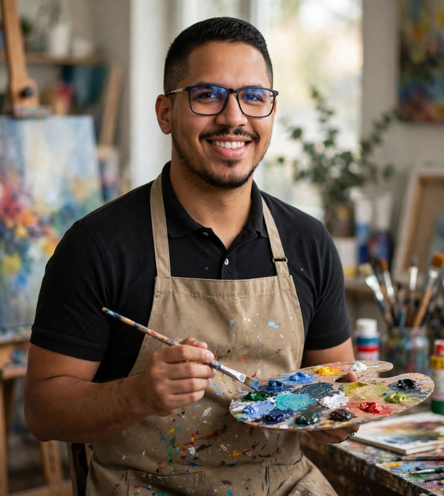 Julio Junior professor de artes, avental com pincel e paleta, ateliê de arte ao fundo