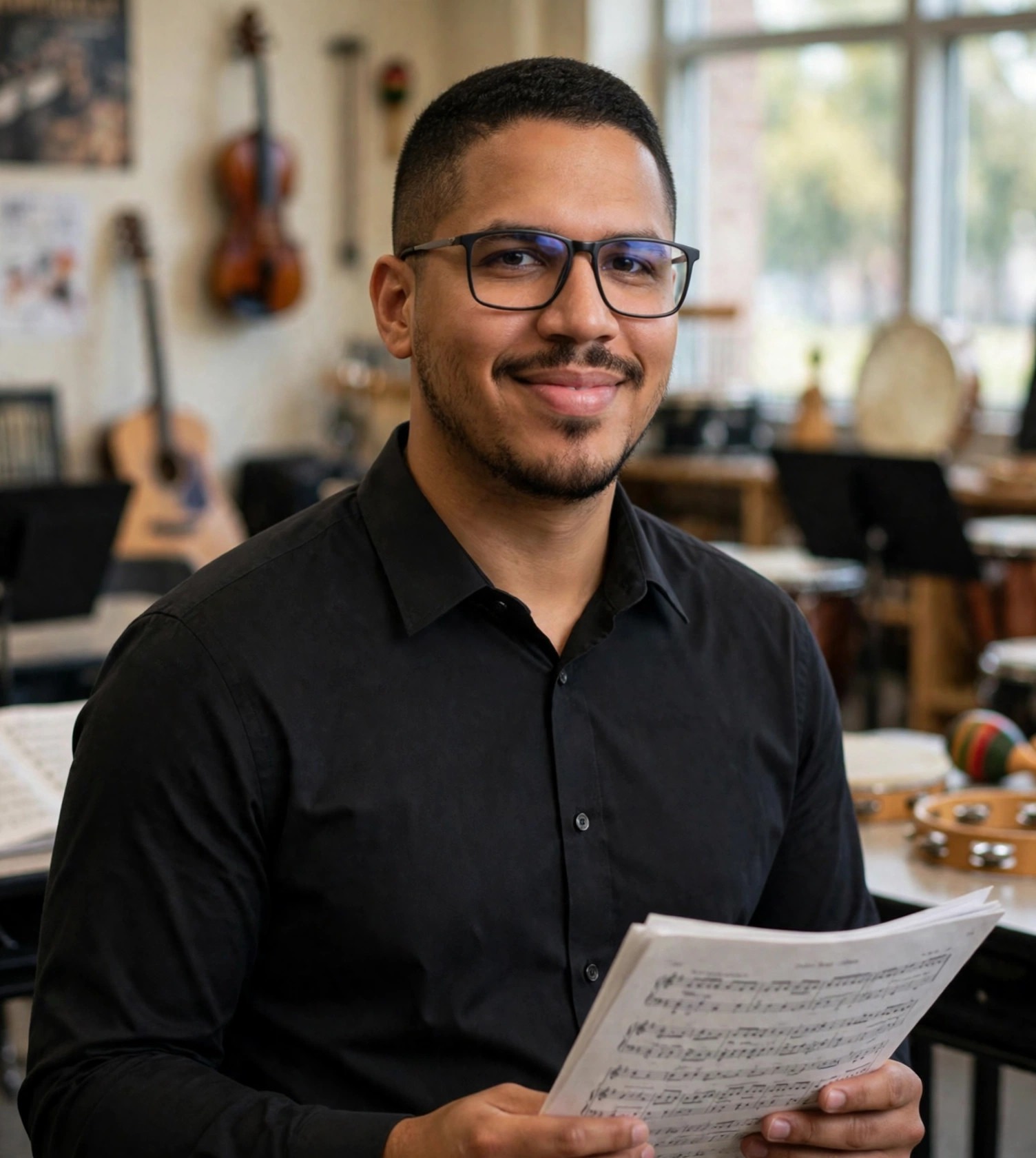 Julio Junior professor de música, camisa social com partitura, sala de música ao fundo