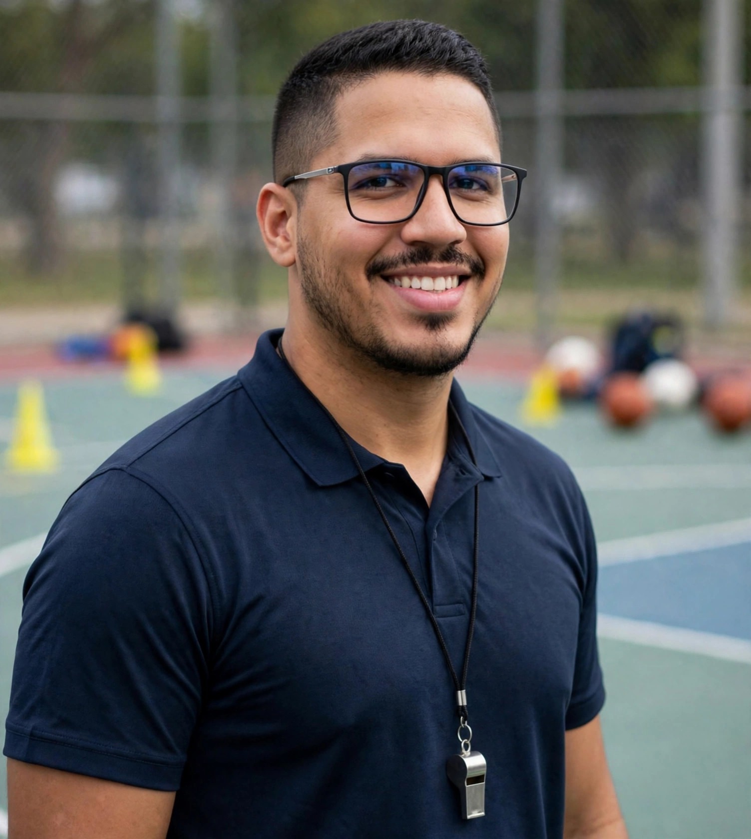 Julio Junior professor de educação física, roupa esportiva com apito, quadra ao fundo