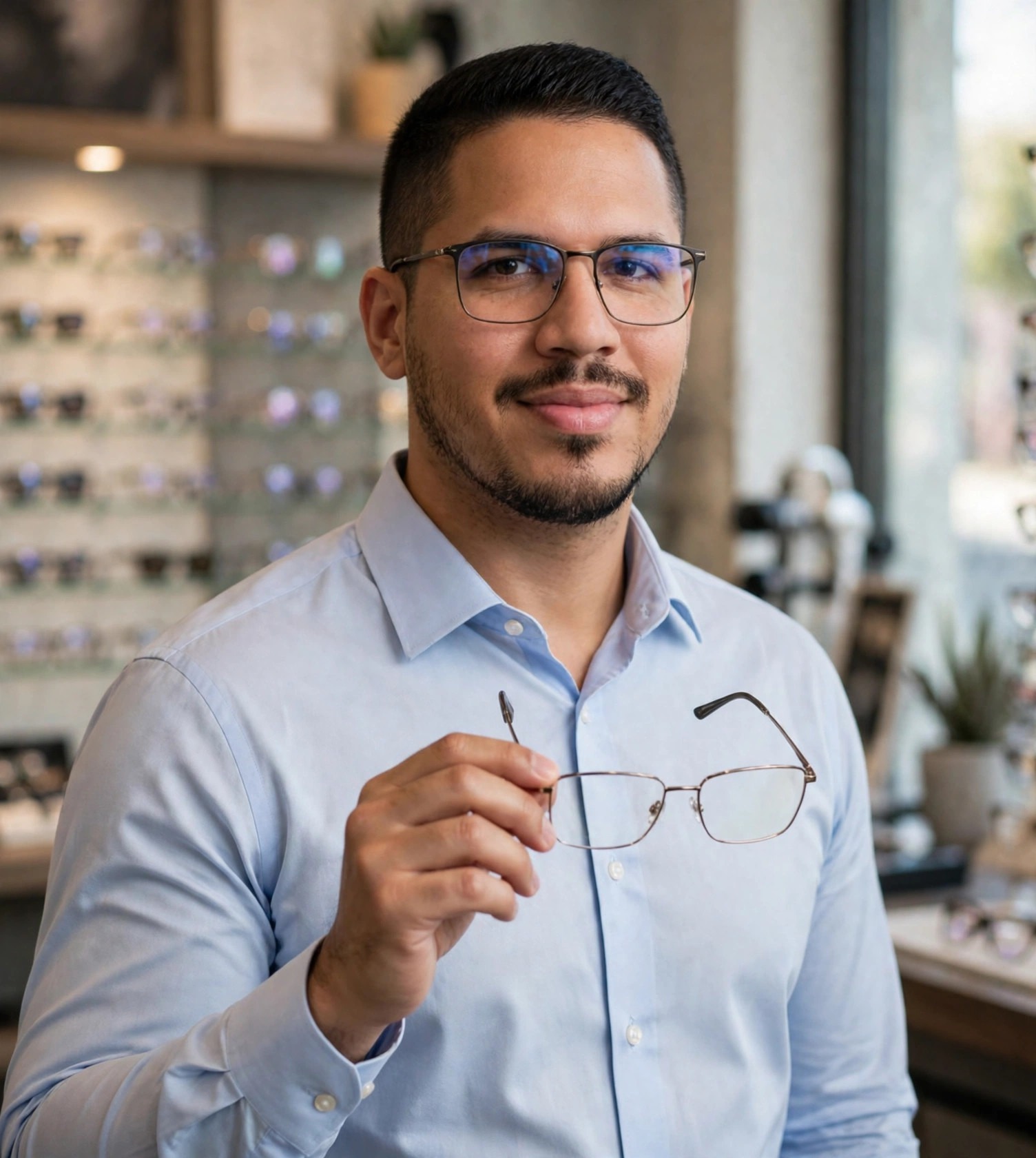 Julio Junior optometrista, camisa social com armação de óculos, ótica ao fundo
