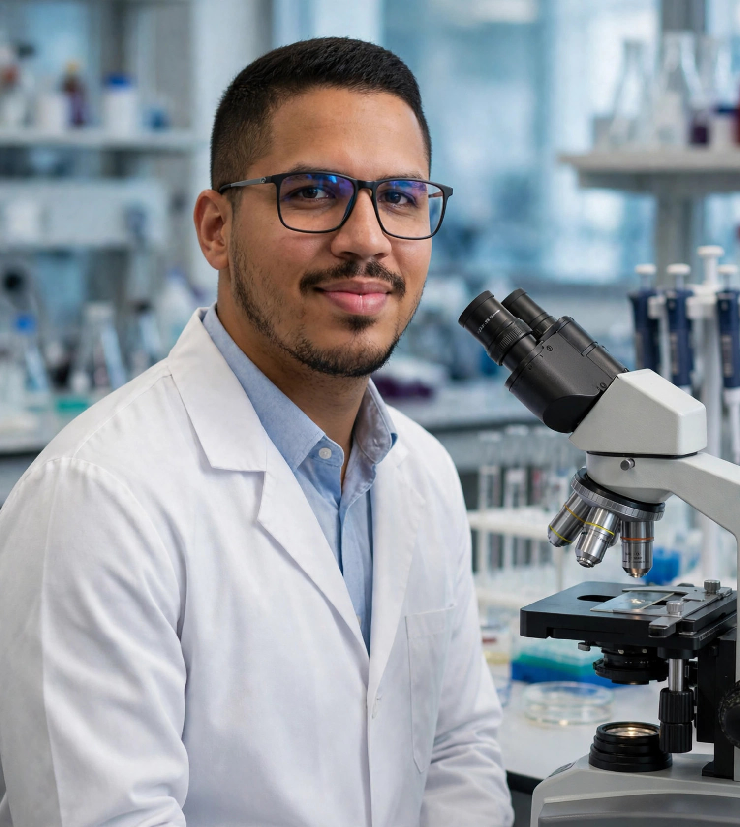 Julio Junior biomédico, jaleco com microscópio, laboratório de análises ao fundo