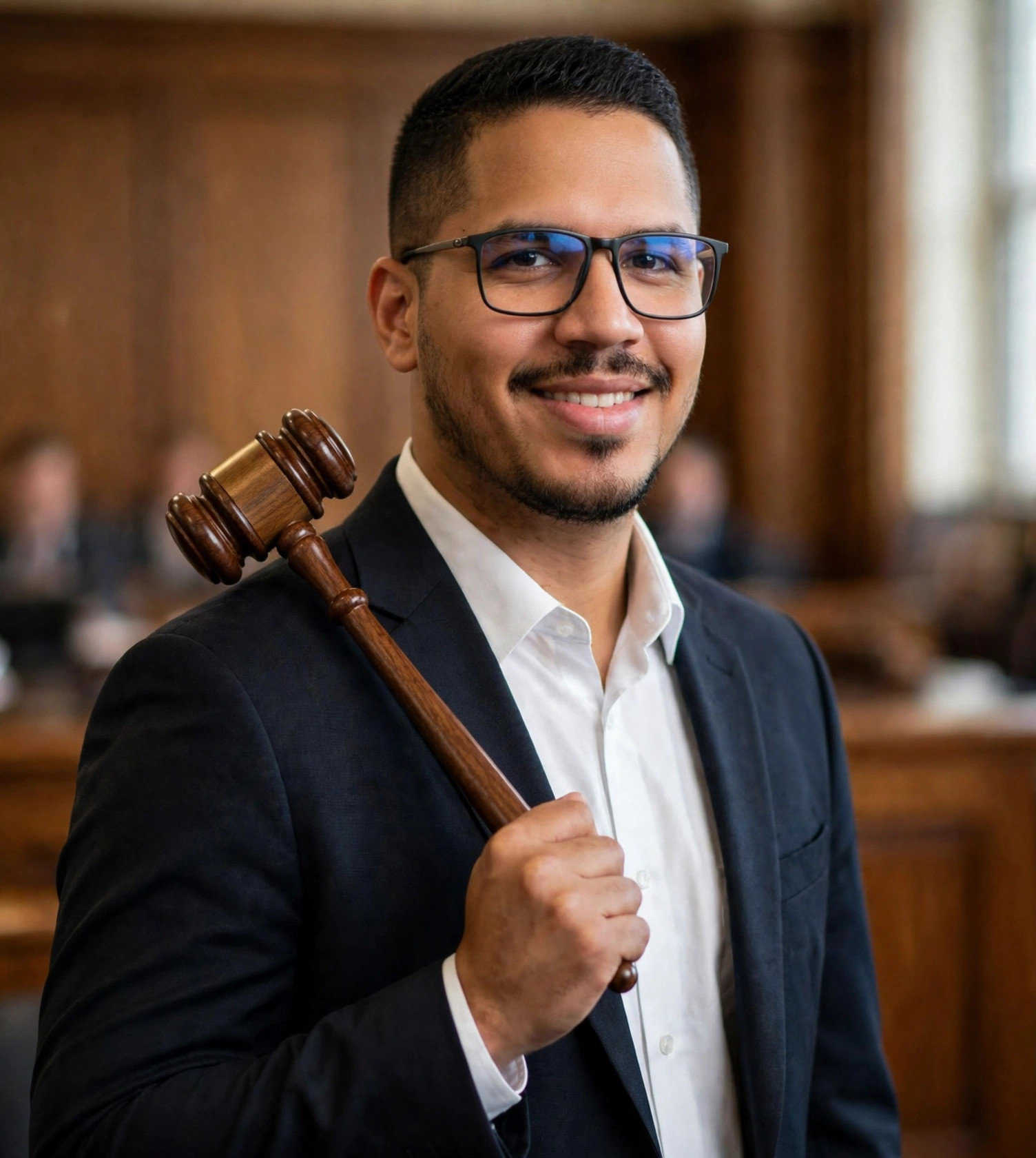 Julio Junior juiz de paz, terno com martelo de juiz, tribunal ao fundo