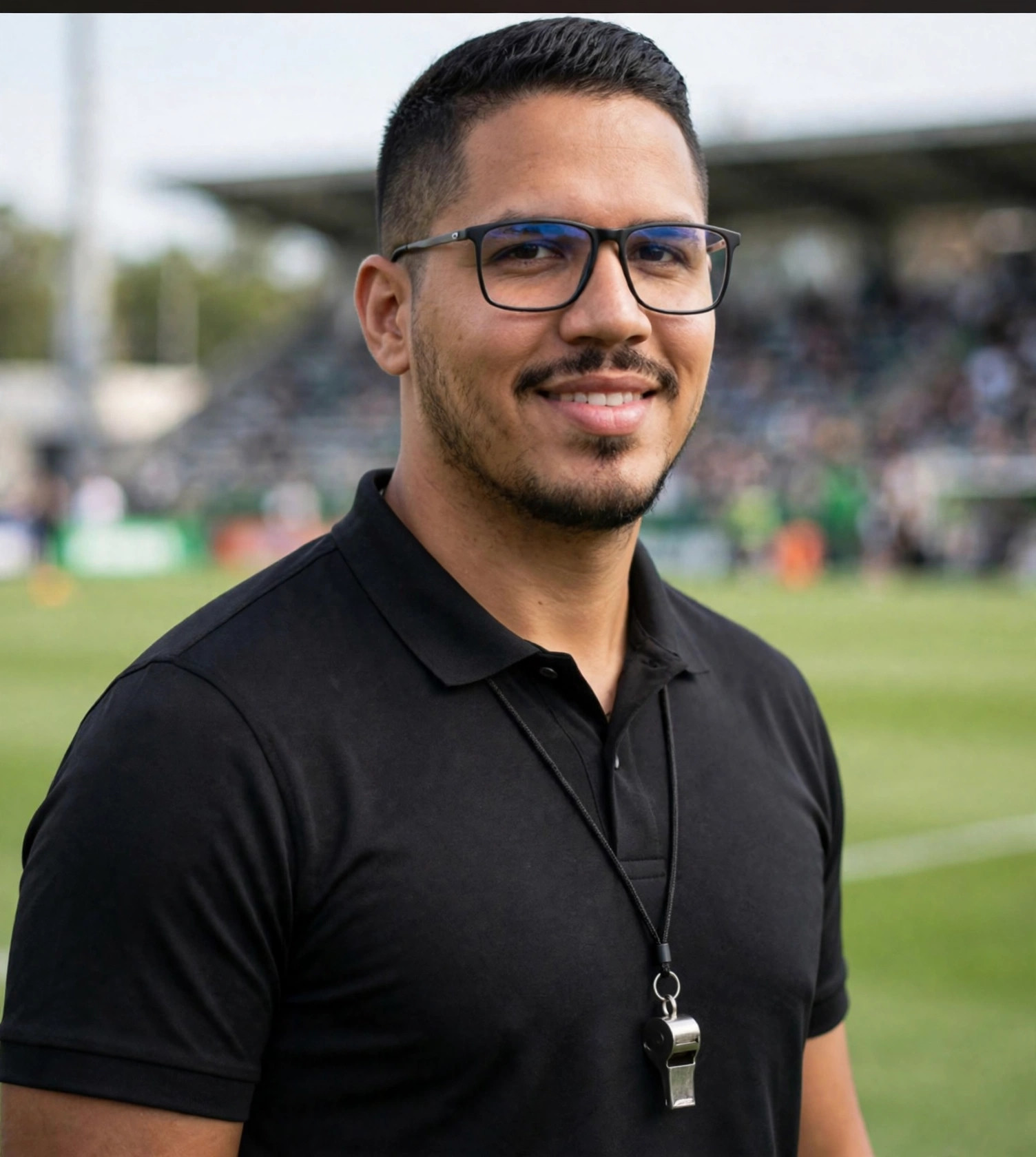 Julio Junior árbitro, uniforme preto com apito, estádio ao fundo