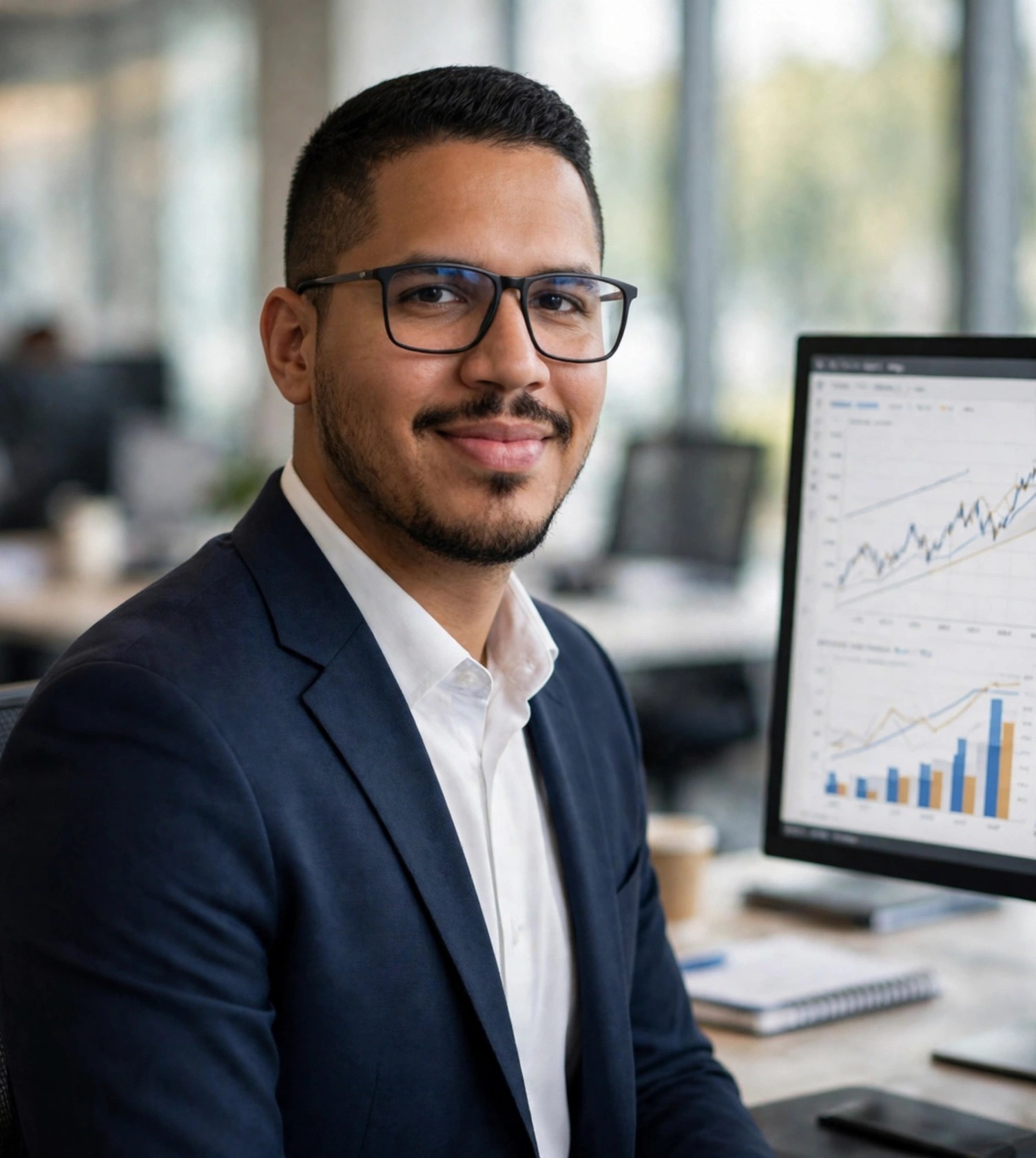 Julio Junior consultor financeiro, terno com tela de gráficos, escritório financeiro ao fundo
