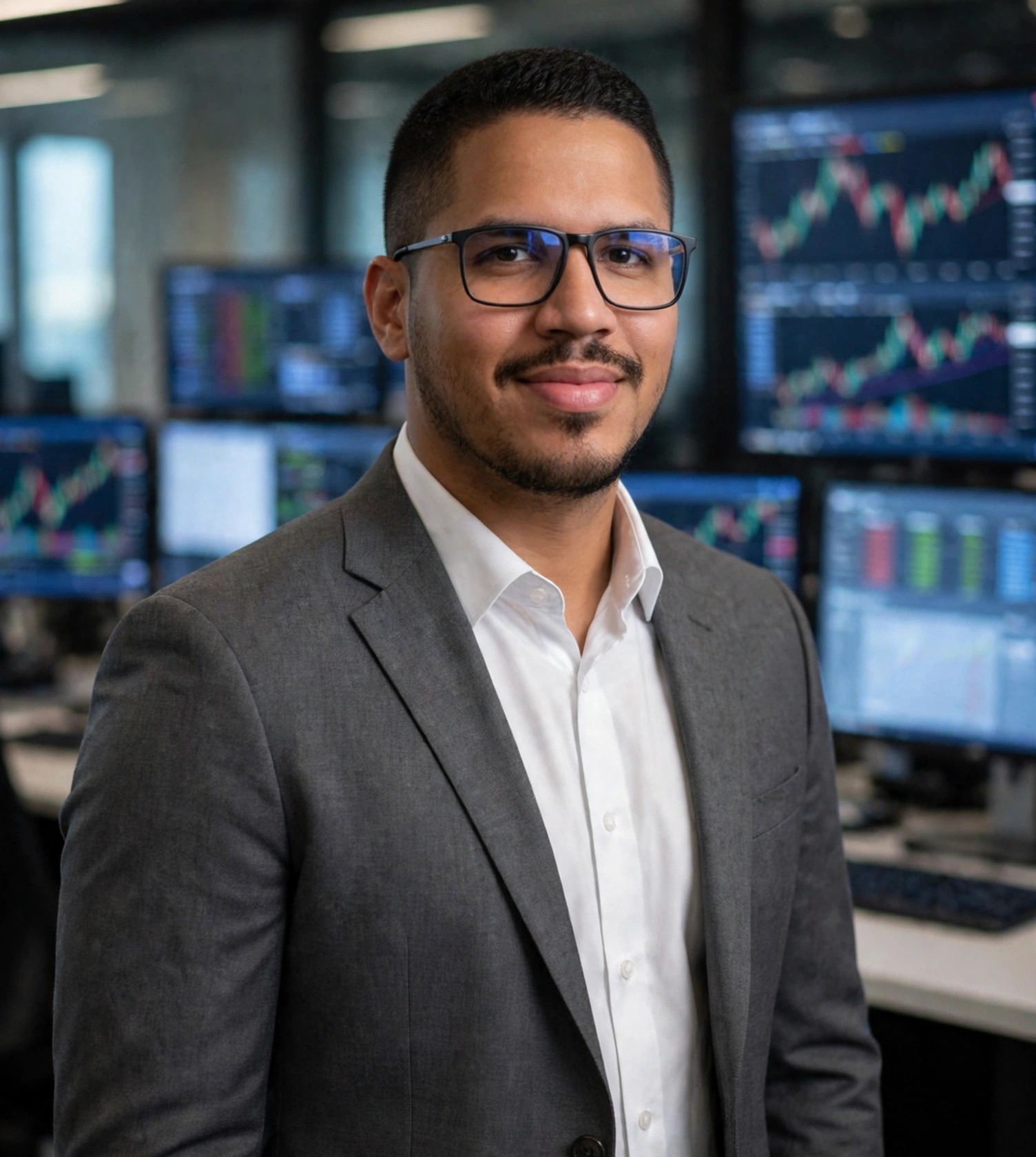 Julio Junior analista de investimentos, terno com telas de mercado, sala de operações ao fundo