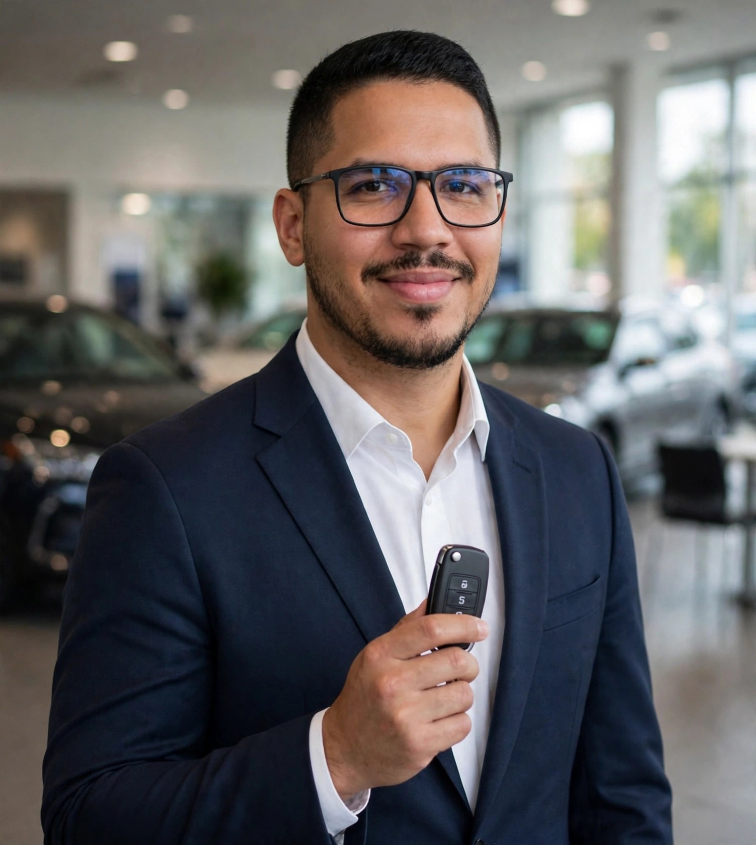 Julio Junior vendedor de carros, terno com chave de carro, concessionária ao fundo