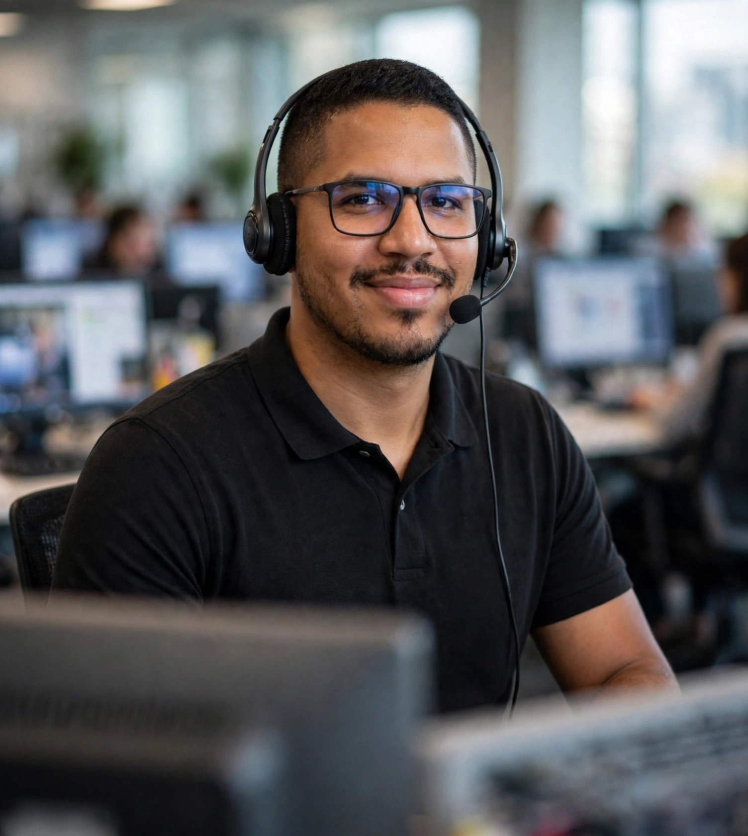 Julio Junior atendente de telemarketing, fone de ouvido com computador, call center ao fundo